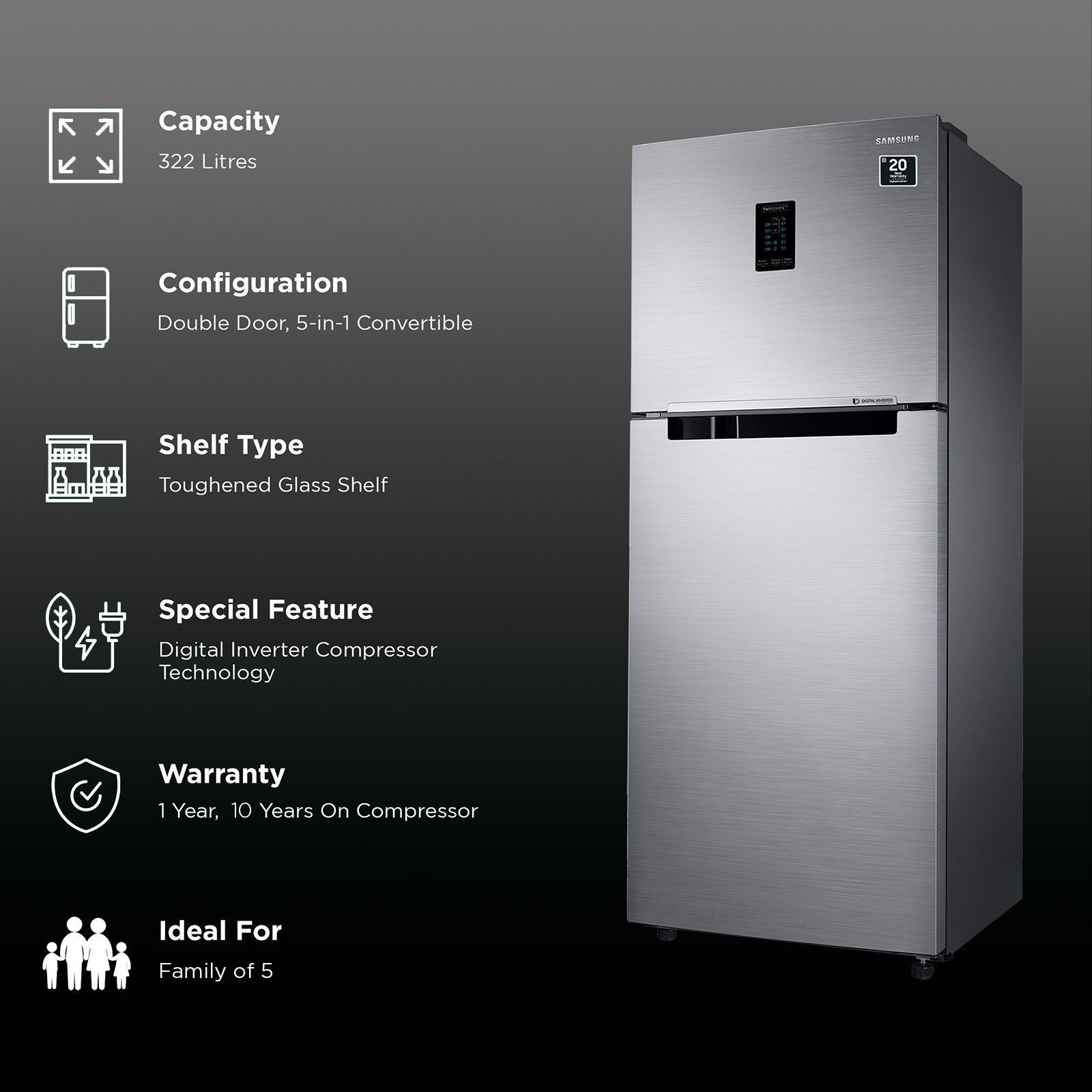 SAMSUNG 322 Litres 2 Star Frost Free Double Door Convertible Refrigerator with Anti Bacterial Gasket (RT37C4512S8/HL, Elegant Inox)_2