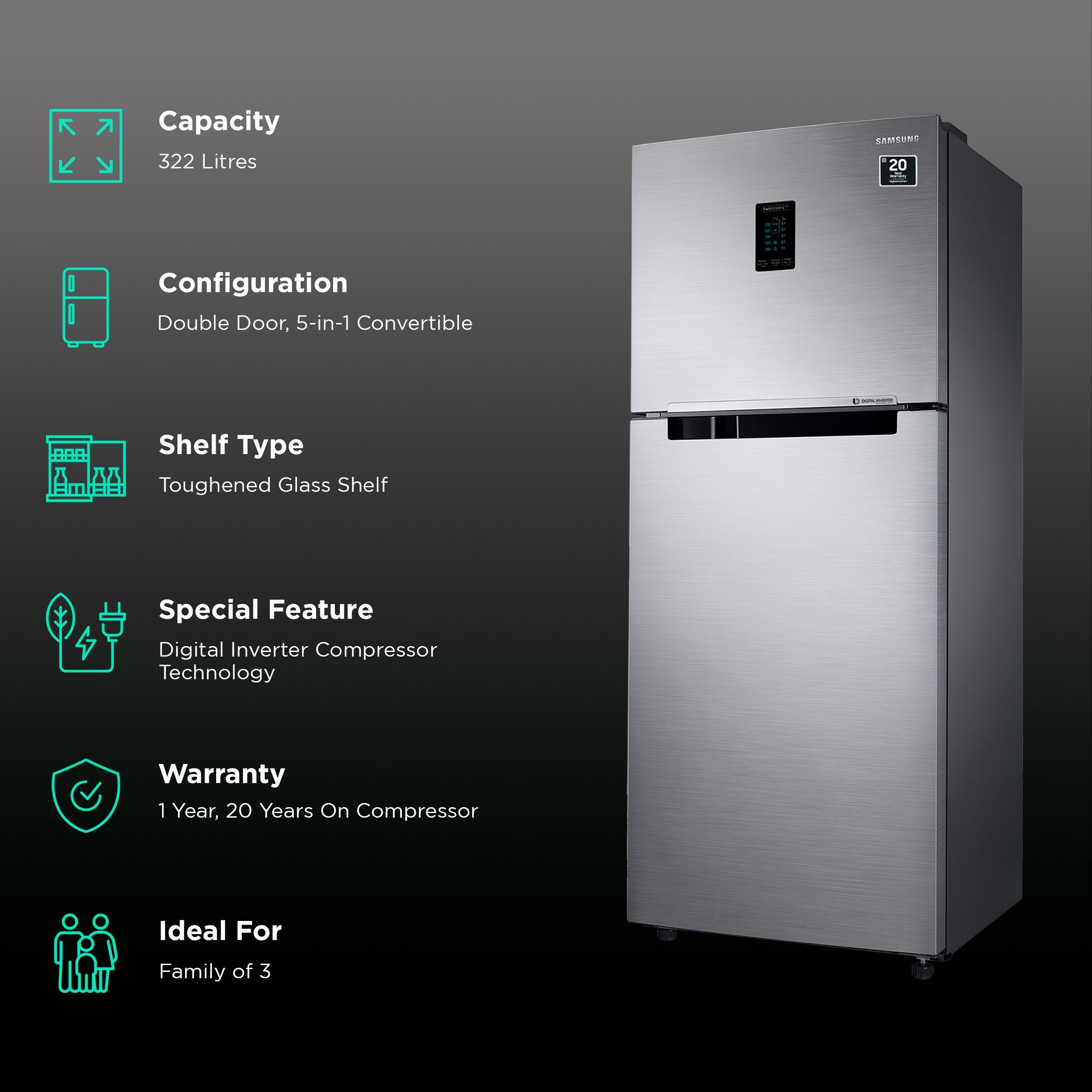 SAMSUNG 322 Litres 2 Star Frost Free Double Door Convertible Refrigerator with Anti Bacterial Gasket (RT37C4512S8/HL, Elegant Inox) SAMSUNG 322 Litres 2 Star Frost Free Double Door Convertible Refrigerator with Anti Bacterial Gasket (RT37C4512S8/HL, Elegant Inox)_2