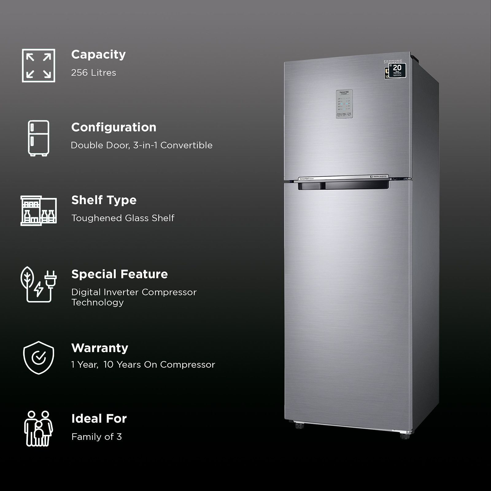 SAMSUNG 256 Litres 2 Star Frost Free Double Door Refrigerator with Convertible 3-in-1 Mode (RT30C3742S9/HL, Refined Inox)_2