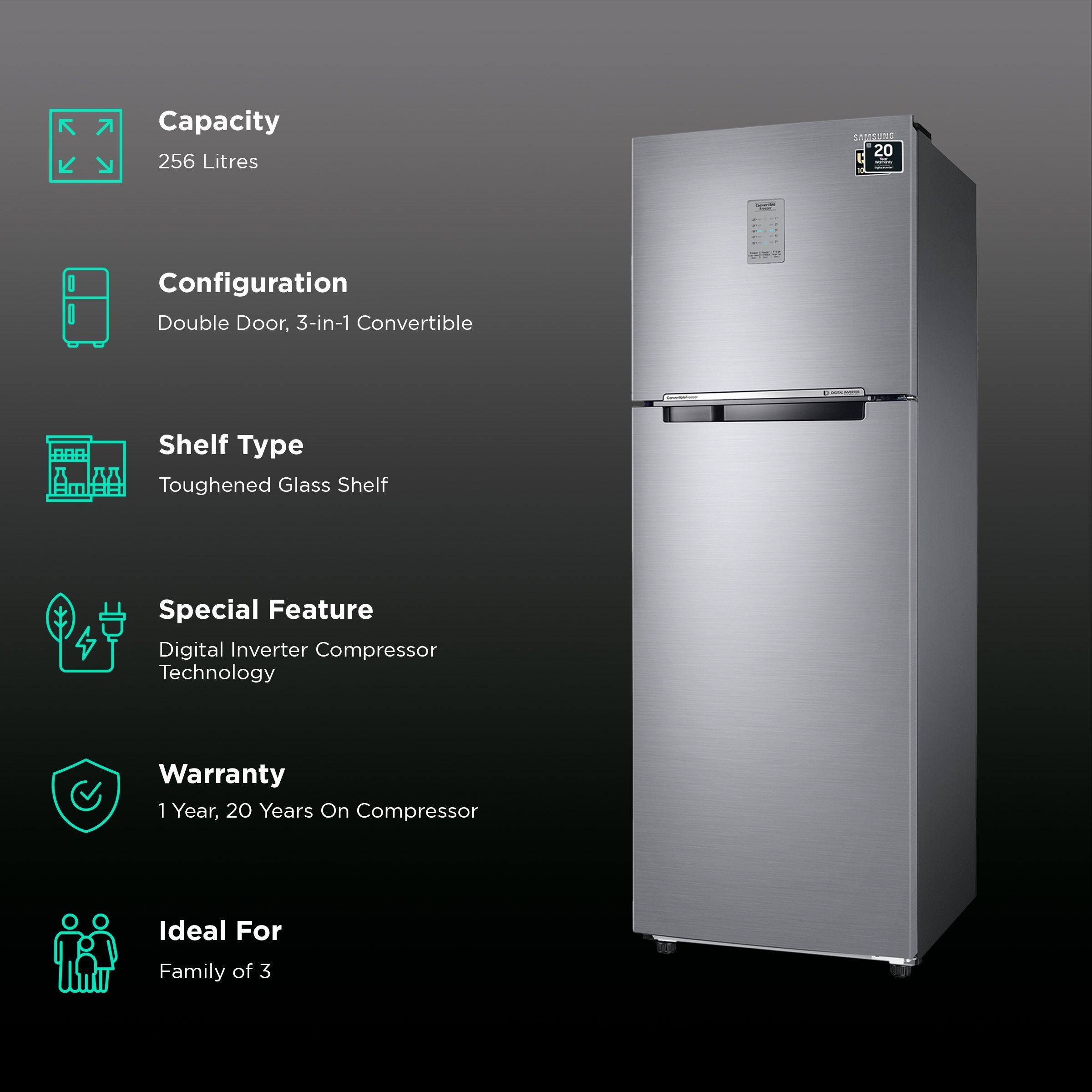 SAMSUNG 256 Litres 2 Star Frost Free Double Door Refrigerator with Convertible 3-in-1 Mode (RT30C3742S9/HL, Refined Inox)_2