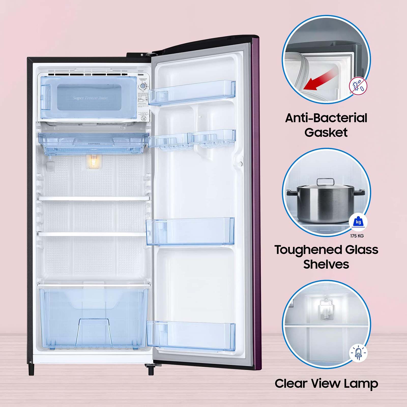 SAMSUNG Stylish Grande 183 Litres4 Star Direct Cool Single Door Refrigerator with Anti Bacterial Gasket (RR20C1724CR/HL, Camellia Purple)_14