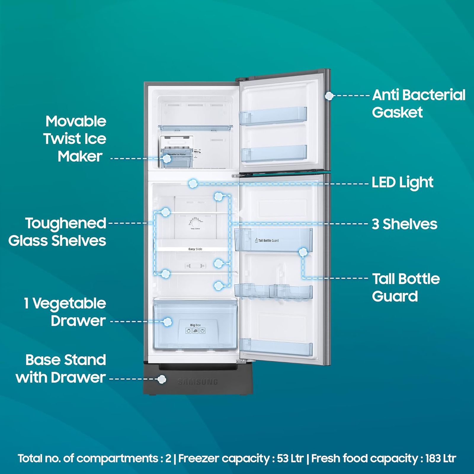 SAMSUNG 236 Litres 2 Star Frost Free Double Door Refrigerator with Distributed Cooling (RT28C3122S8/HL, Elegant Inox)_12