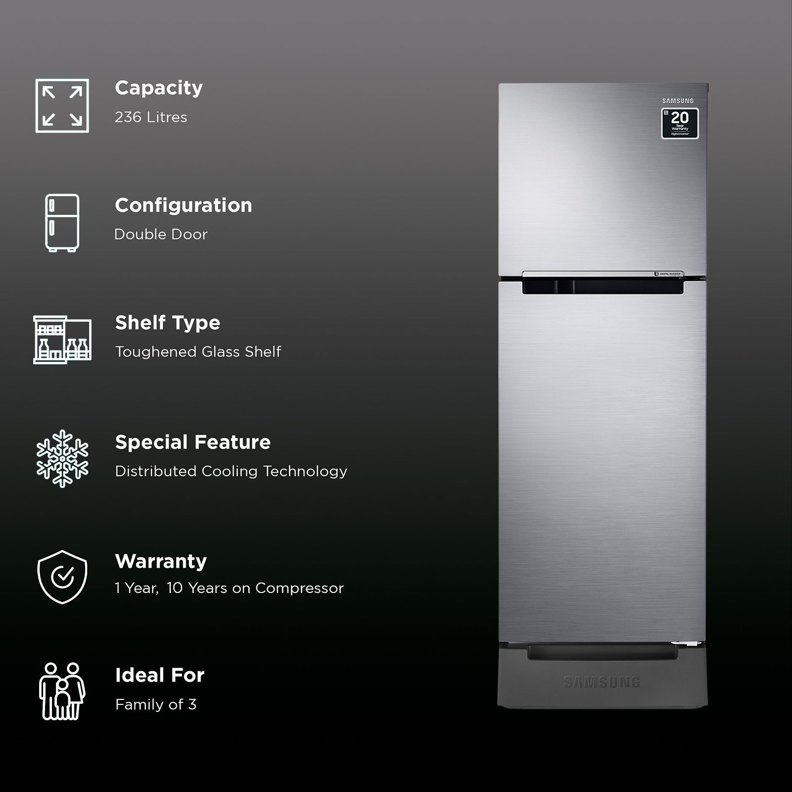 SAMSUNG 236 Litres 2 Star Frost Free Double Door Refrigerator with Distributed Cooling (RT28C3122S8/HL, Elegant Inox) SAMSUNG 236 Litres 2 Star Frost Free Double Door Refrigerator with Distributed Cooling (RT28C3122S8/HL, Elegant Inox)_2