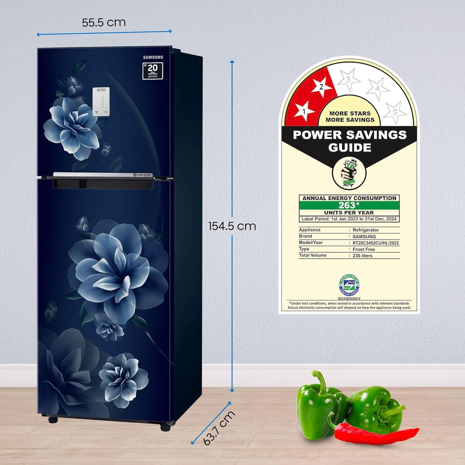 SAMSUNG 236 Litres 2 Star Frost Free Double Door Refrigerator with Digital Inverter Technology (RT28C3452CU/HL, Camellia Blue)_9