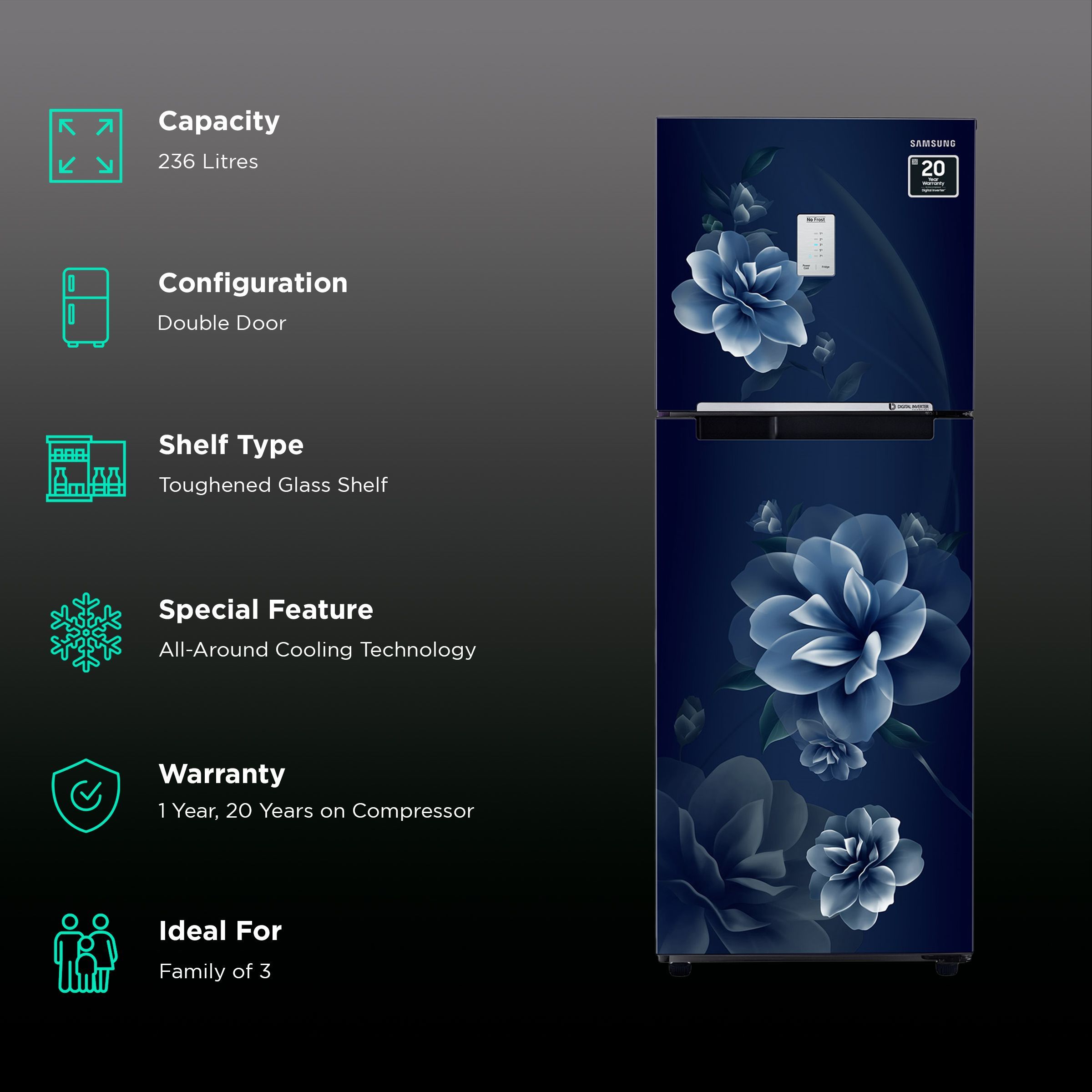 SAMSUNG 236 Litres 2 Star Frost Free Double Door Refrigerator with Digital Inverter Technology (RT28C3452CU/HL, Camellia Blue)_2