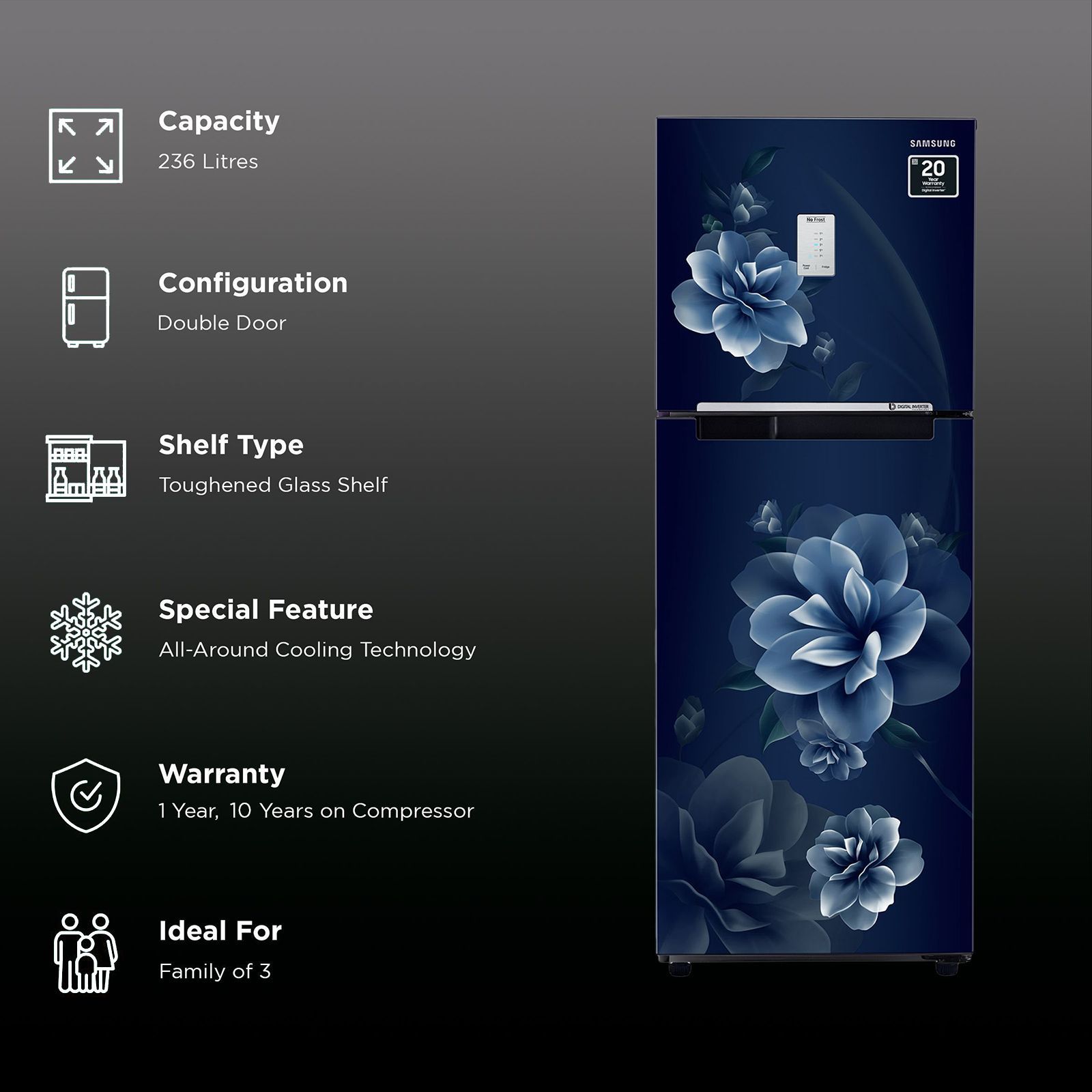 SAMSUNG 236 Litres 2 Star Frost Free Double Door Refrigerator with Digital Inverter Technology (RT28C3452CU/HL, Camellia Blue)_2