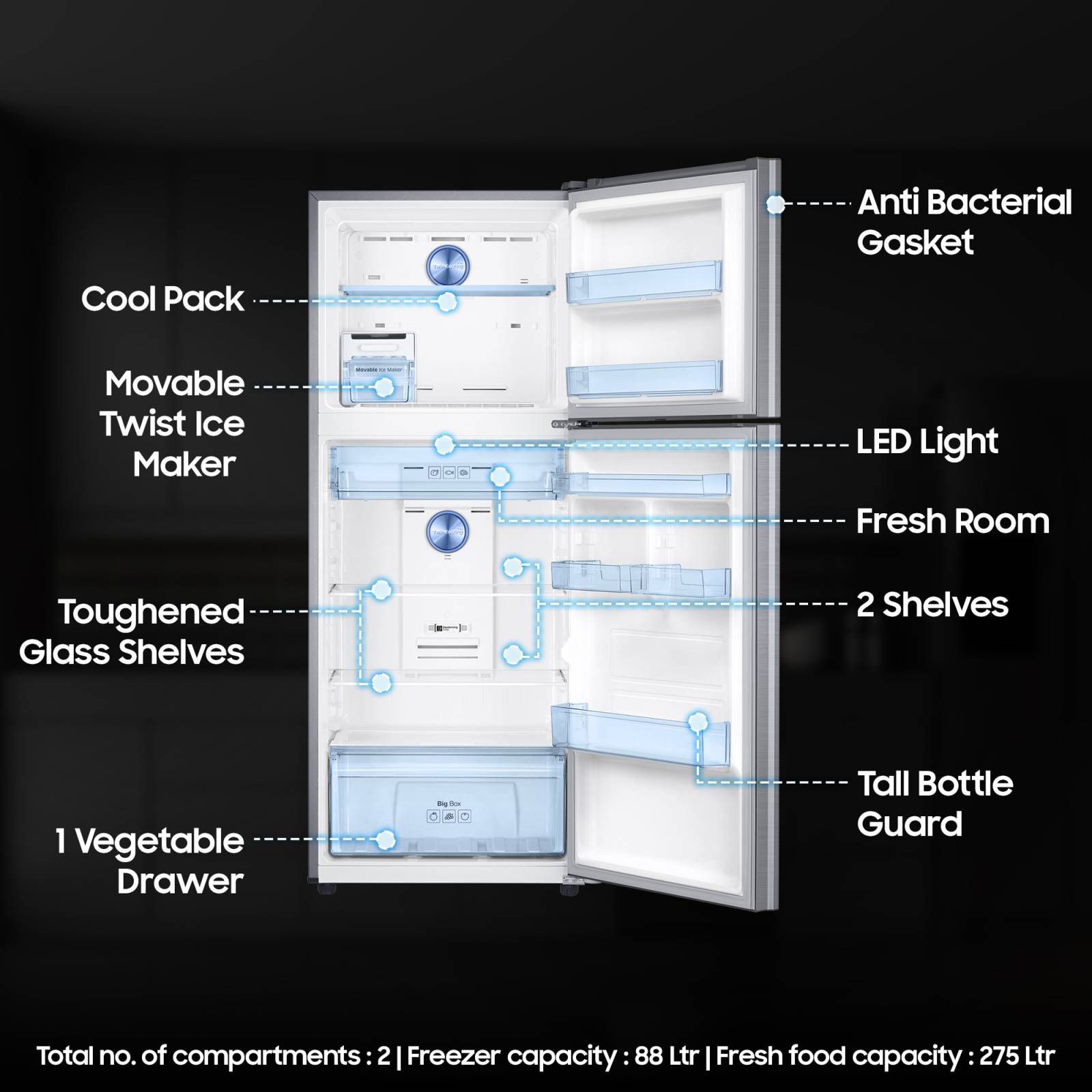 SAMSUNG 363 Litres 2 Star Frost Free Double Door Convertible Refrigerator with Stabilizer Free Operation (RT39C5532S8/HL, Elegant Inox)_12
