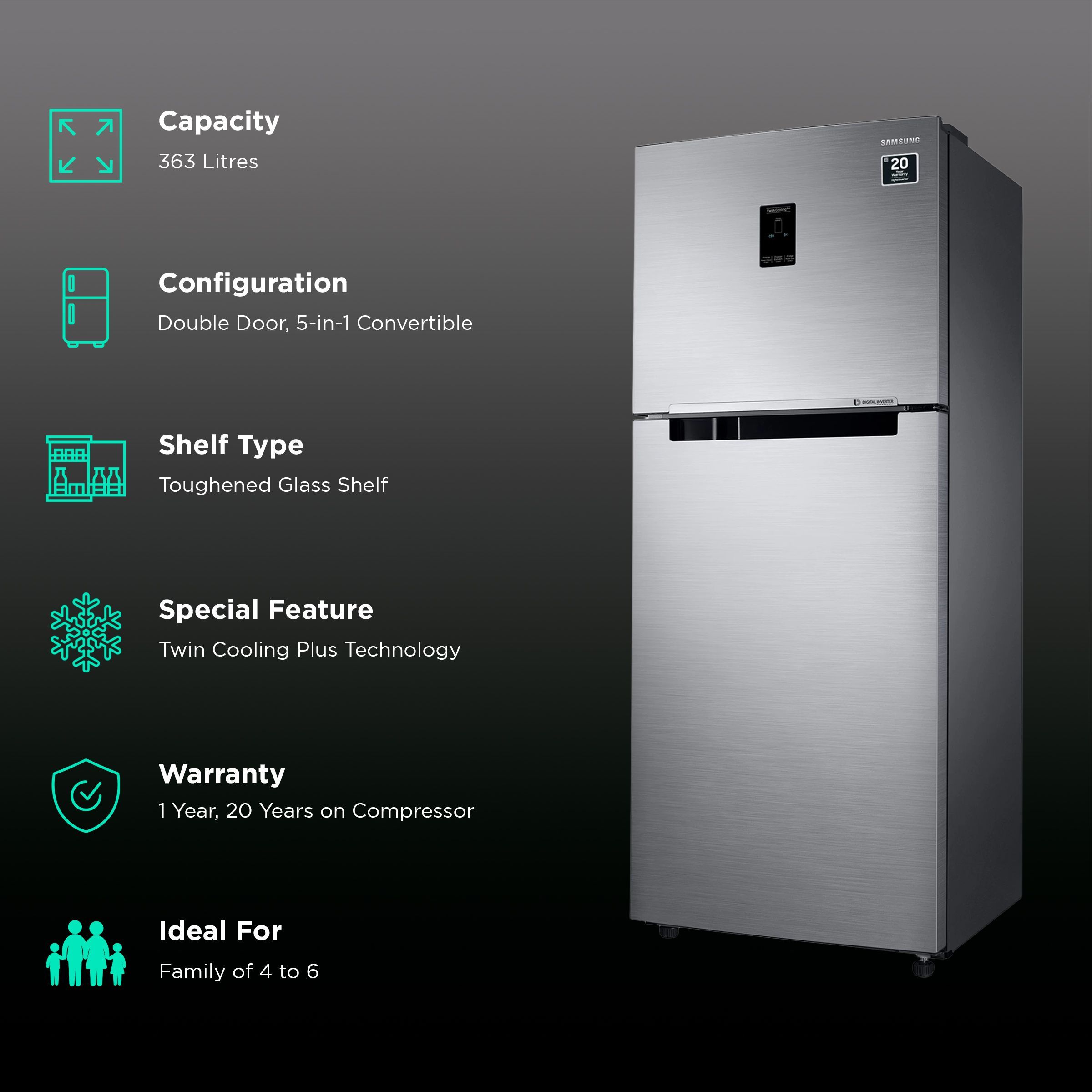 SAMSUNG 363 Litres 2 Star Frost Free Double Door Convertible Refrigerator with Stabilizer Free Operation (RT39C5532S8/HL, Elegant Inox)_2