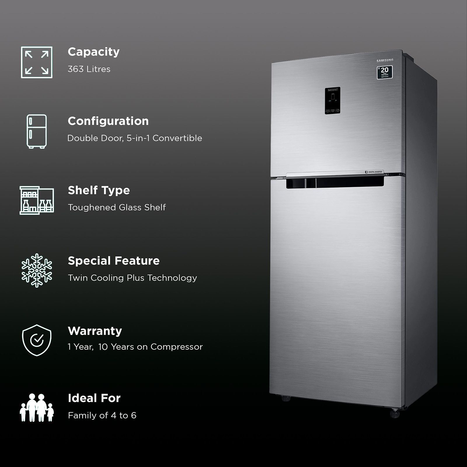 SAMSUNG 363 Litres 2 Star Frost Free Double Door Convertible Refrigerator with Stabilizer Free Operation (RT39C5532S8/HL, Elegant Inox) SAMSUNG 363 Litres 2 Star Frost Free Double Door Convertible Refrigerator with Stabilizer Free Operation (RT39C5532S8/HL, Elegant Inox)_2