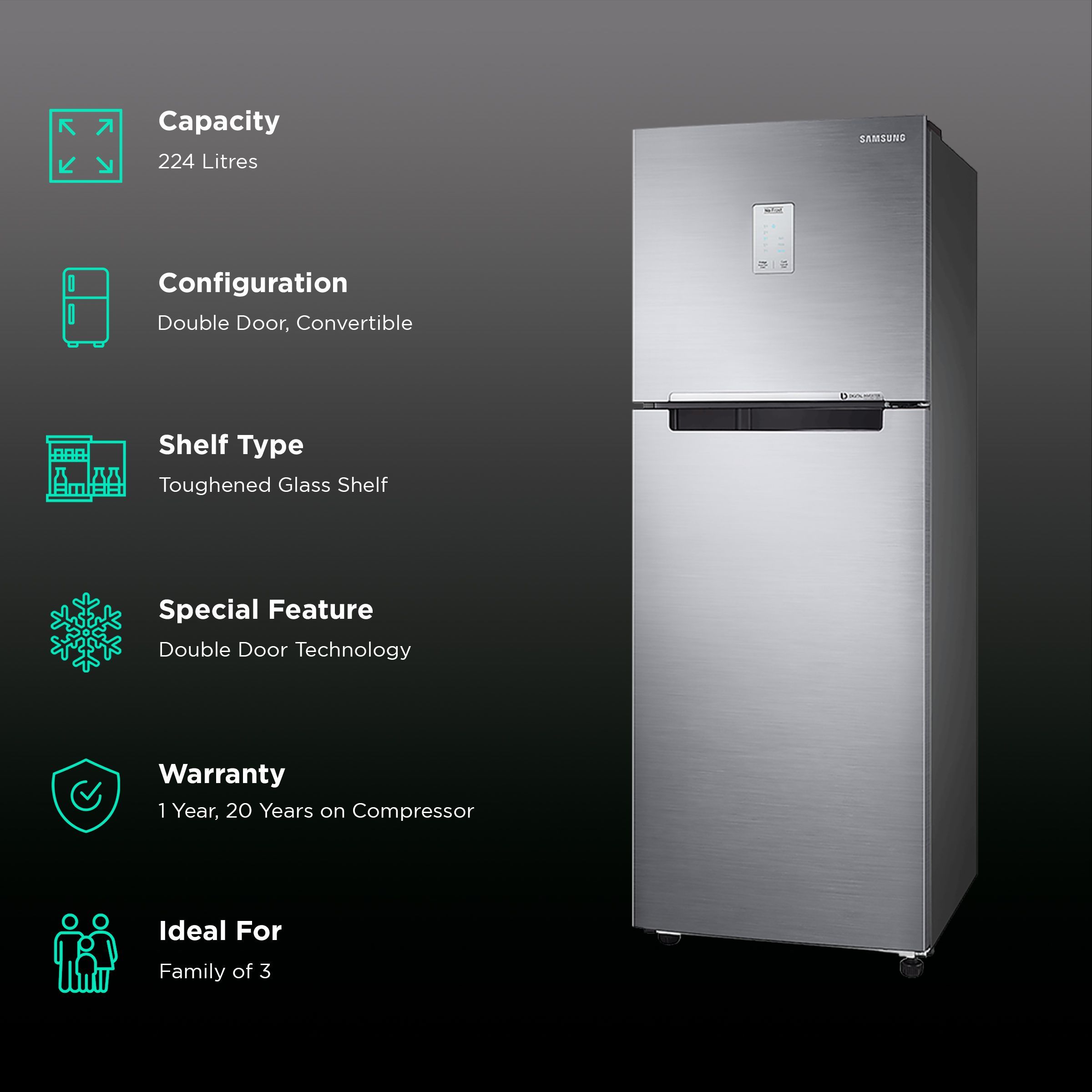 SAMSUNG 224 Litres 2 Star Frost Free Double Door Refrigerator with Curd Maestro (RT28C3522S8/HL, Elegant Inox)_2