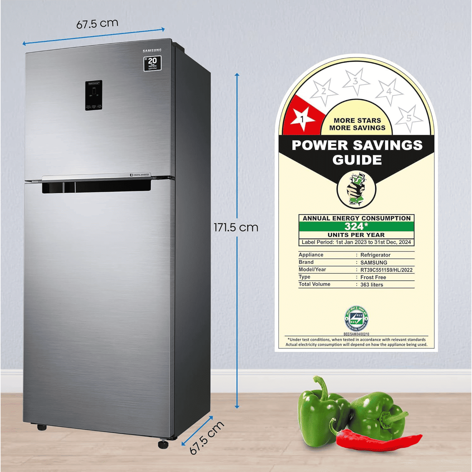 SAMSUNG 363 Litres 1 Star Frost Free Double Door Convertible Refrigerator with Stabilizer Free Operation (RT39C5511S9/HL, Refined Inox)_10