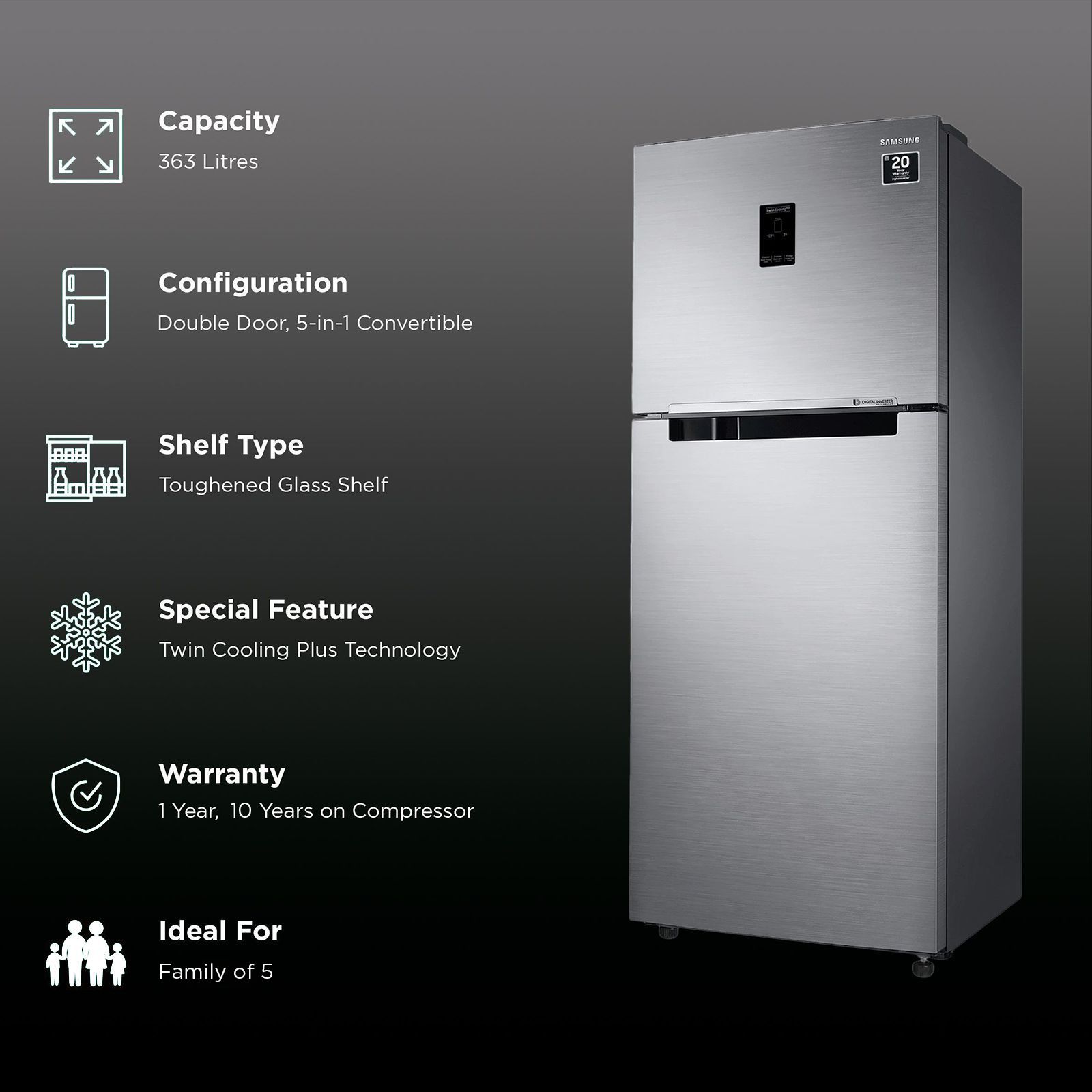 SAMSUNG 363 Litres 1 Star Frost Free Double Door Convertible Refrigerator with Stabilizer Free Operation (RT39C5511S9/HL, Refined Inox)_2