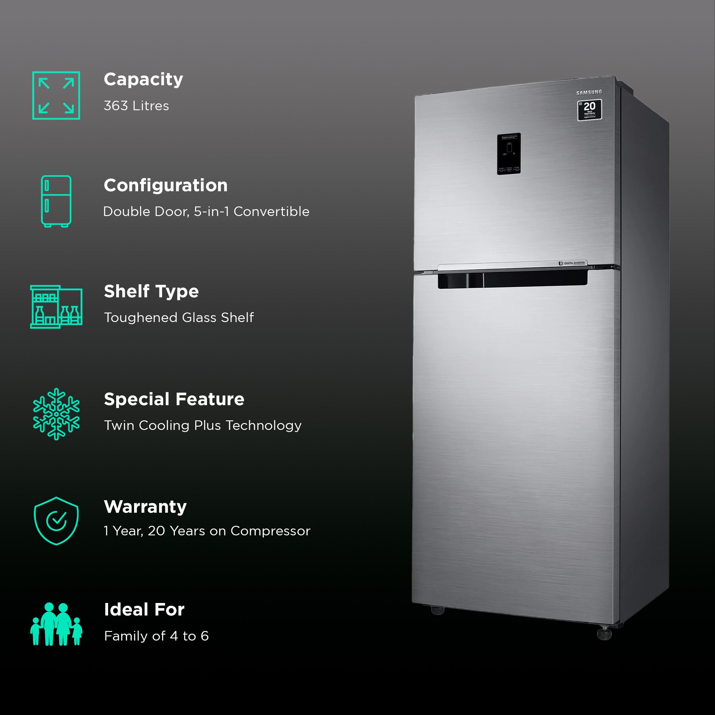 SAMSUNG 363 Litres 1 Star Frost Free Double Door Convertible Refrigerator with Stabilizer Free Operation (RT39C5511S9/HL, Refined Inox)_2