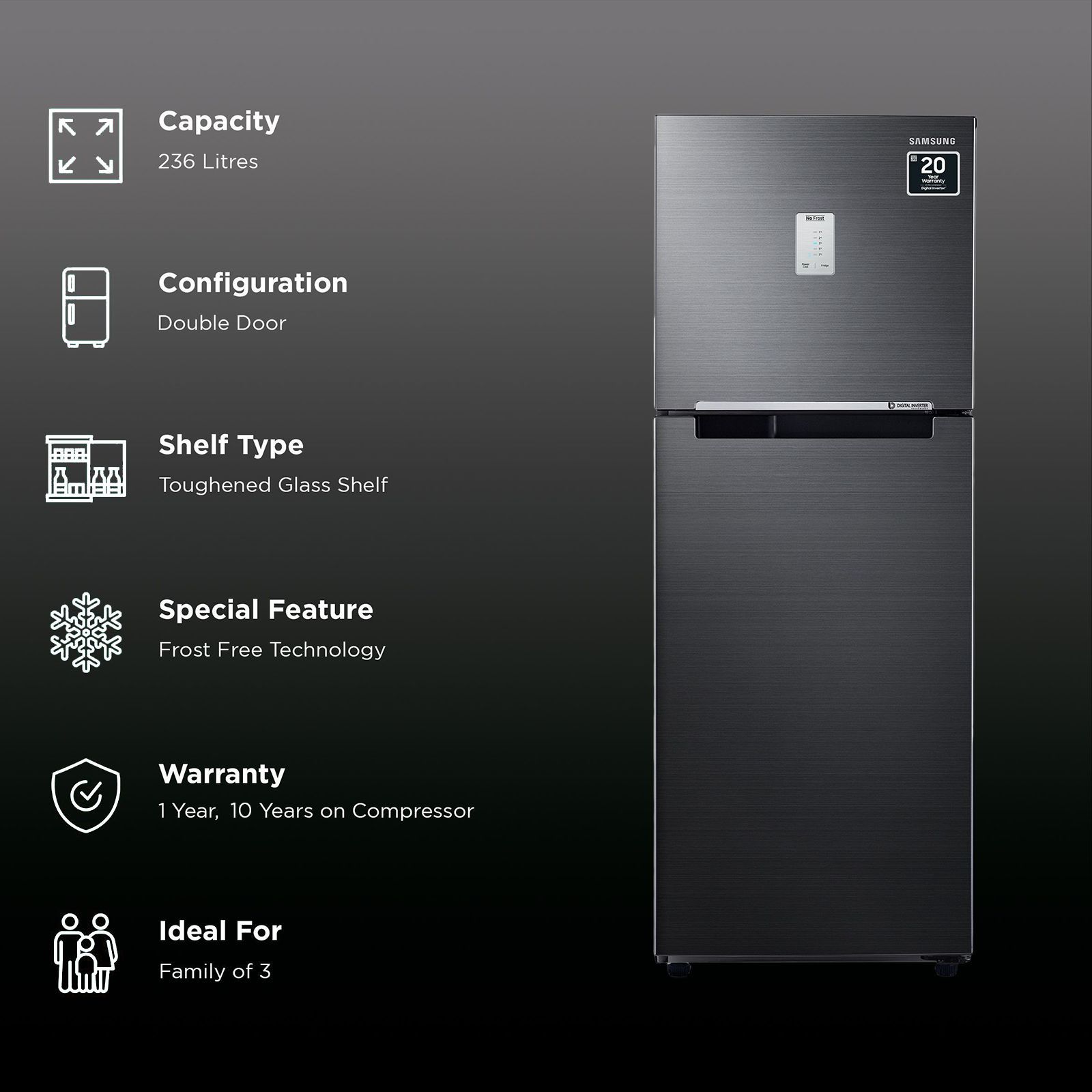 SAMSUNG 236 Litres 2 Star Frost Free Double Door Refrigerator with Antibacterial Gasket (RT28C3452BX/HL, Luxe Black)_2