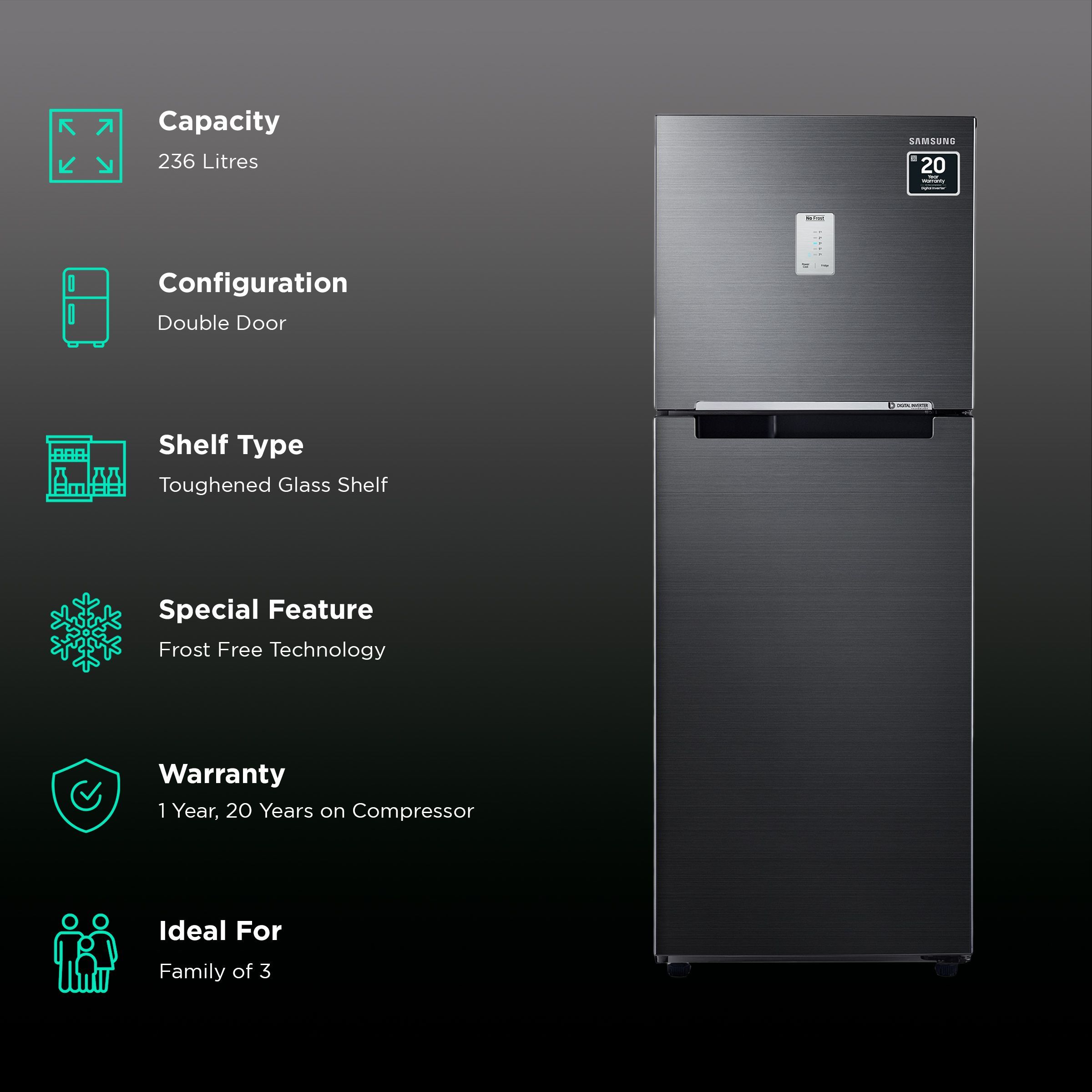 SAMSUNG 236 Litres 2 Star Frost Free Double Door Refrigerator with Antibacterial Gasket (RT28C3452BX/HL, Luxe Black)_2