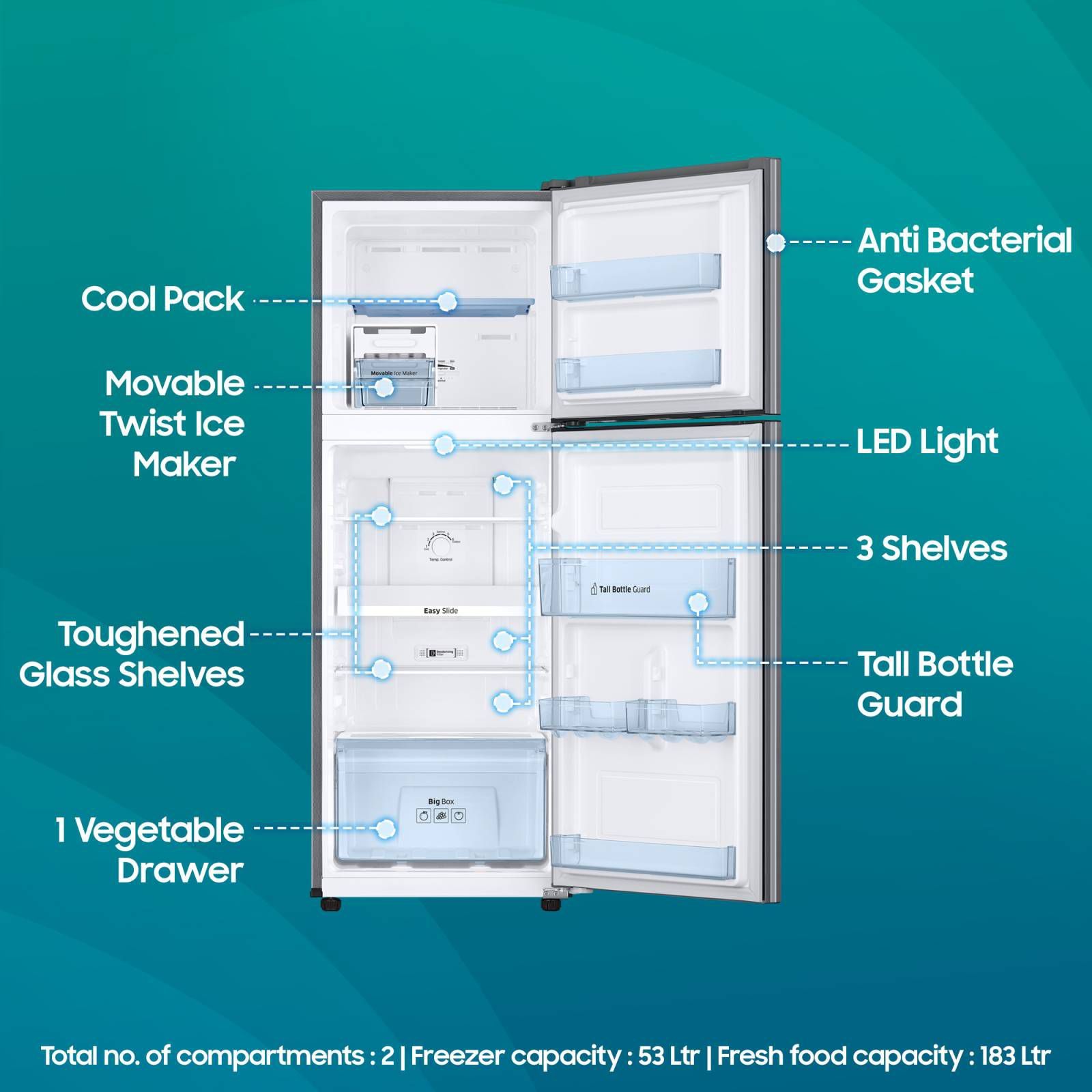 SAMSUNG 236 Litres 2 Star Frost Free Double Door Refrigerator with Power Cut Resistant (RT28C3032GS/HL, Gray Silver)_13