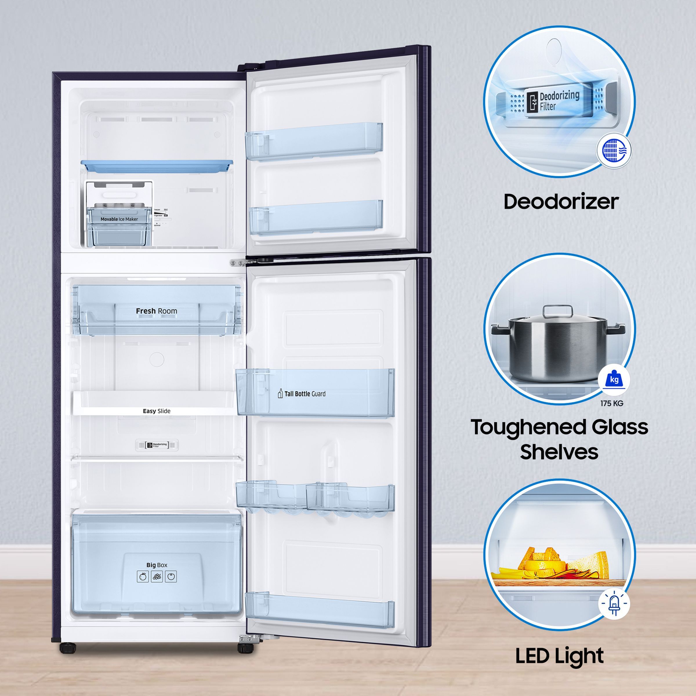 SAMSUNG 236 Litres 2 Star Frost Free Double Door Refrigerator with Toughened Glass Shelves (RT28C3452UT/HL, Pebble Blue) SAMSUNG 236 Litres 2 Star Frost Free Double Door Refrigerator with Toughened Glass Shelves (RT28C3452UT/HL, Pebble Blue)_16