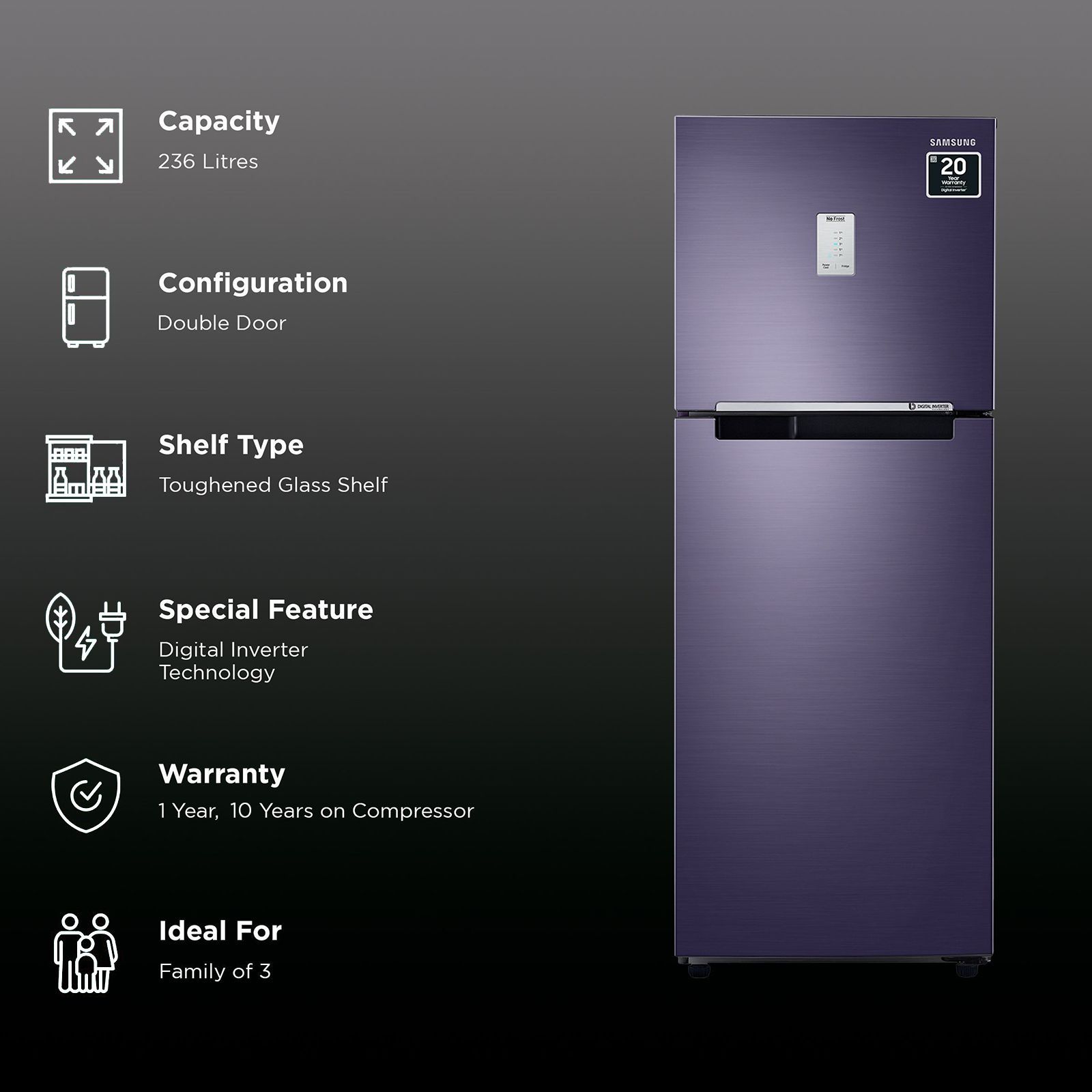 SAMSUNG 236 Litres 2 Star Frost Free Double Door Refrigerator with Toughened Glass Shelves (RT28C3452UT/HL, Pebble Blue)_2