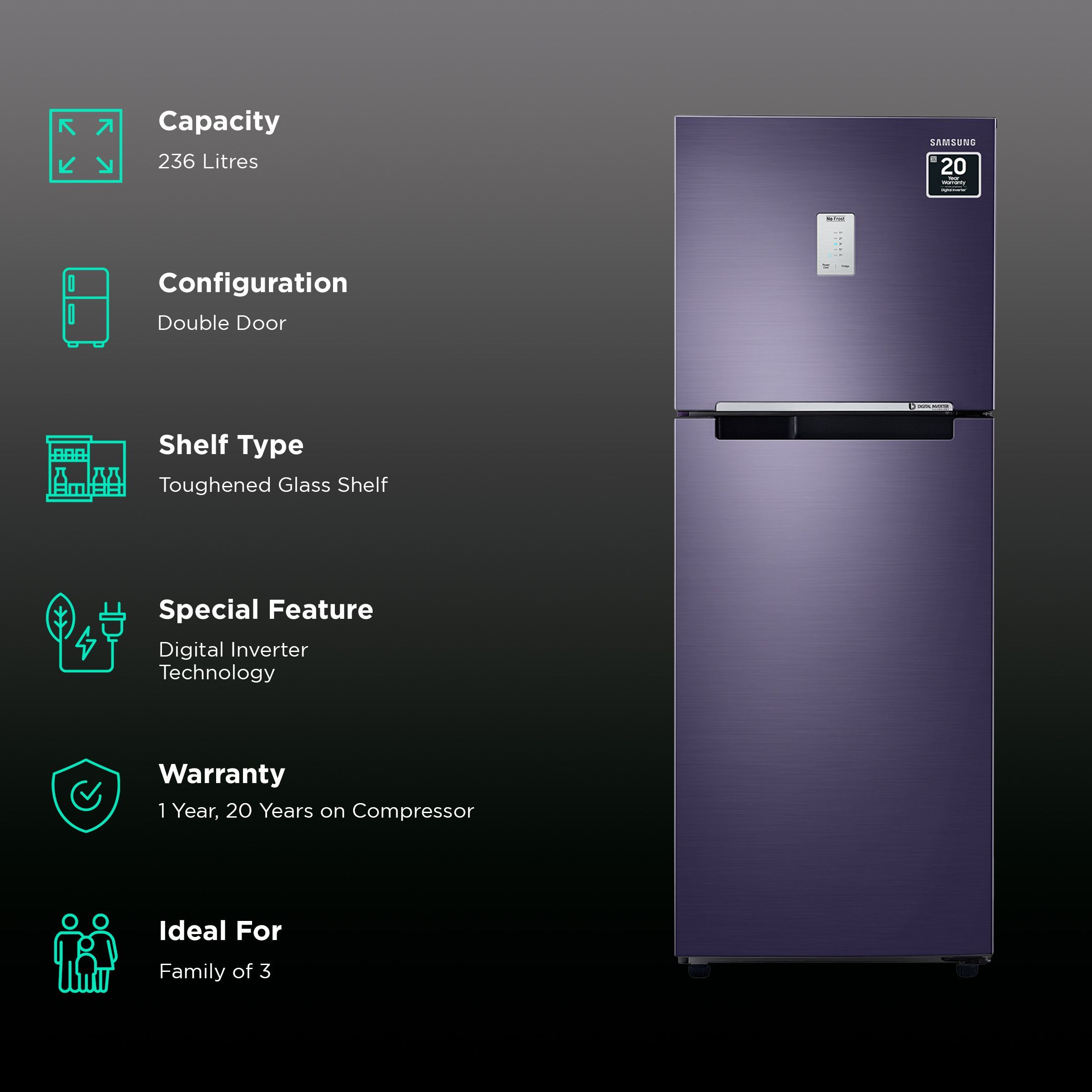 SAMSUNG 236 Litres 2 Star Frost Free Double Door Refrigerator with Toughened Glass Shelves (RT28C3452UT/HL, Pebble Blue) SAMSUNG 236 Litres 2 Star Frost Free Double Door Refrigerator with Toughened Glass Shelves (RT28C3452UT/HL, Pebble Blue)_2