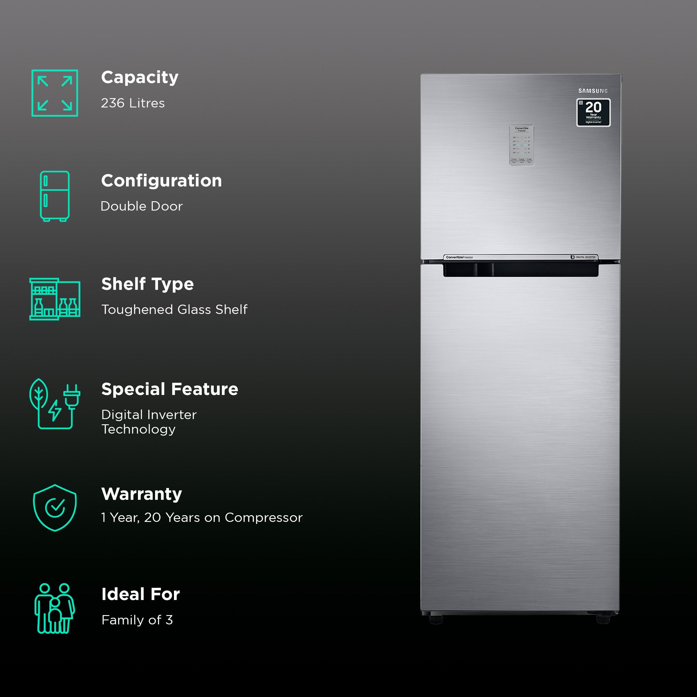 SAMSUNG 236 Litres 2 Star Frost Free Double Door Convertible Refrigerator with Toughened Glass Shelves (RT28C3742S8/HL, Elegant Inox)_2