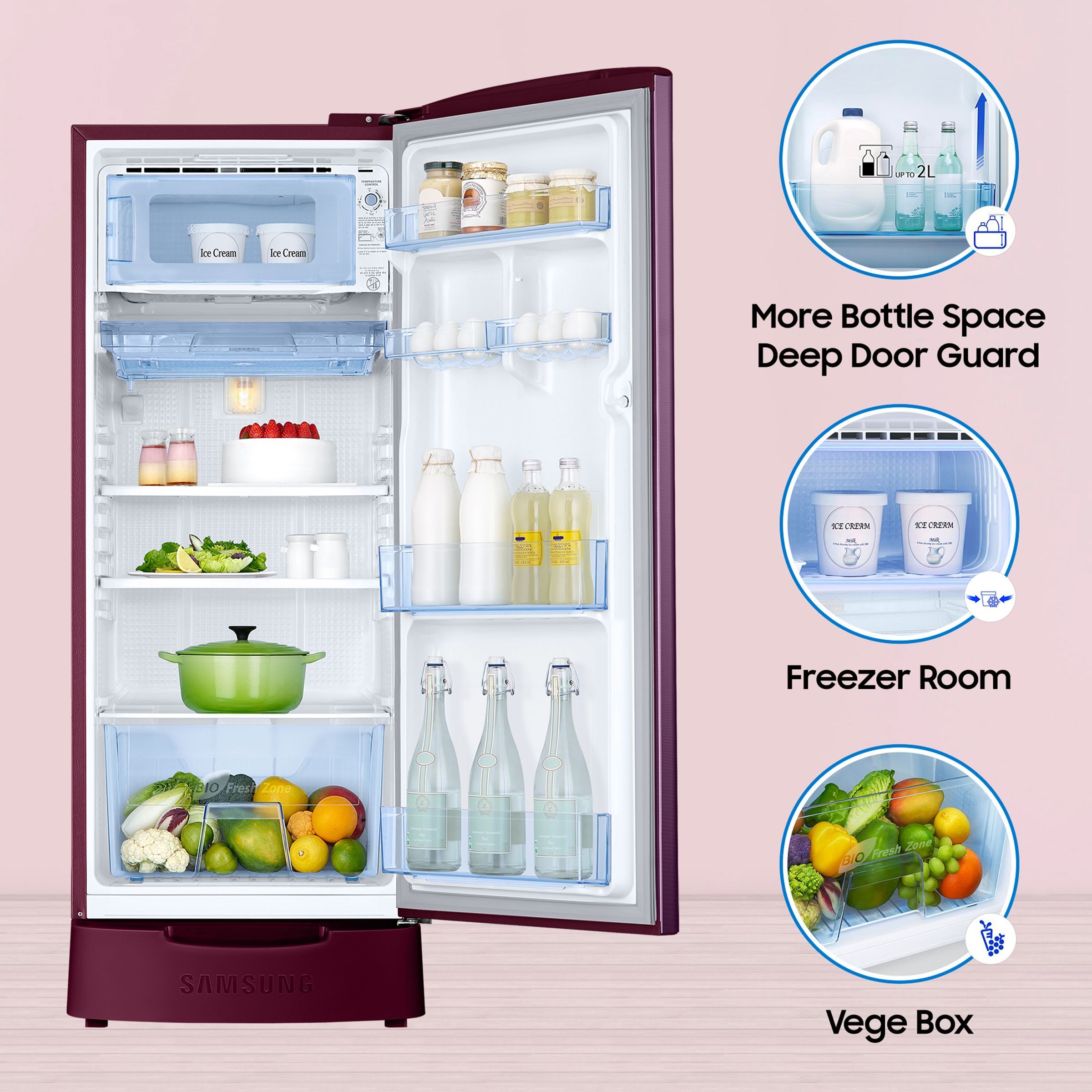 SAMSUNG Stylish Grande 183 Litres4 Star Direct Cool Single Door Refrigerator with Stabilizer Free Operation (RR20C1824CR/HL, Camellia Purple)_19