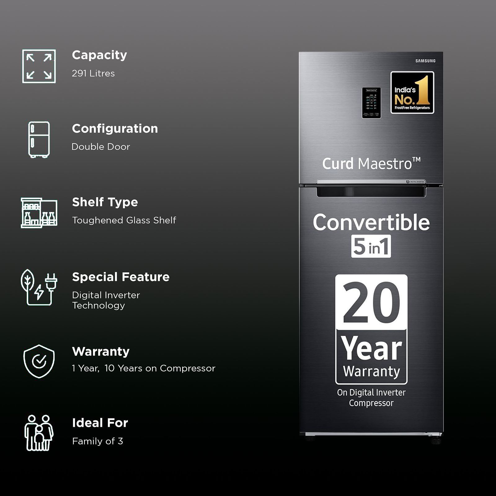 SAMSUNG 291 Litres 2 Star Frost Free Double Door Convertible Refrigerator with Curd Maestro (RT34C4622BX/HL, Luxe black)_2