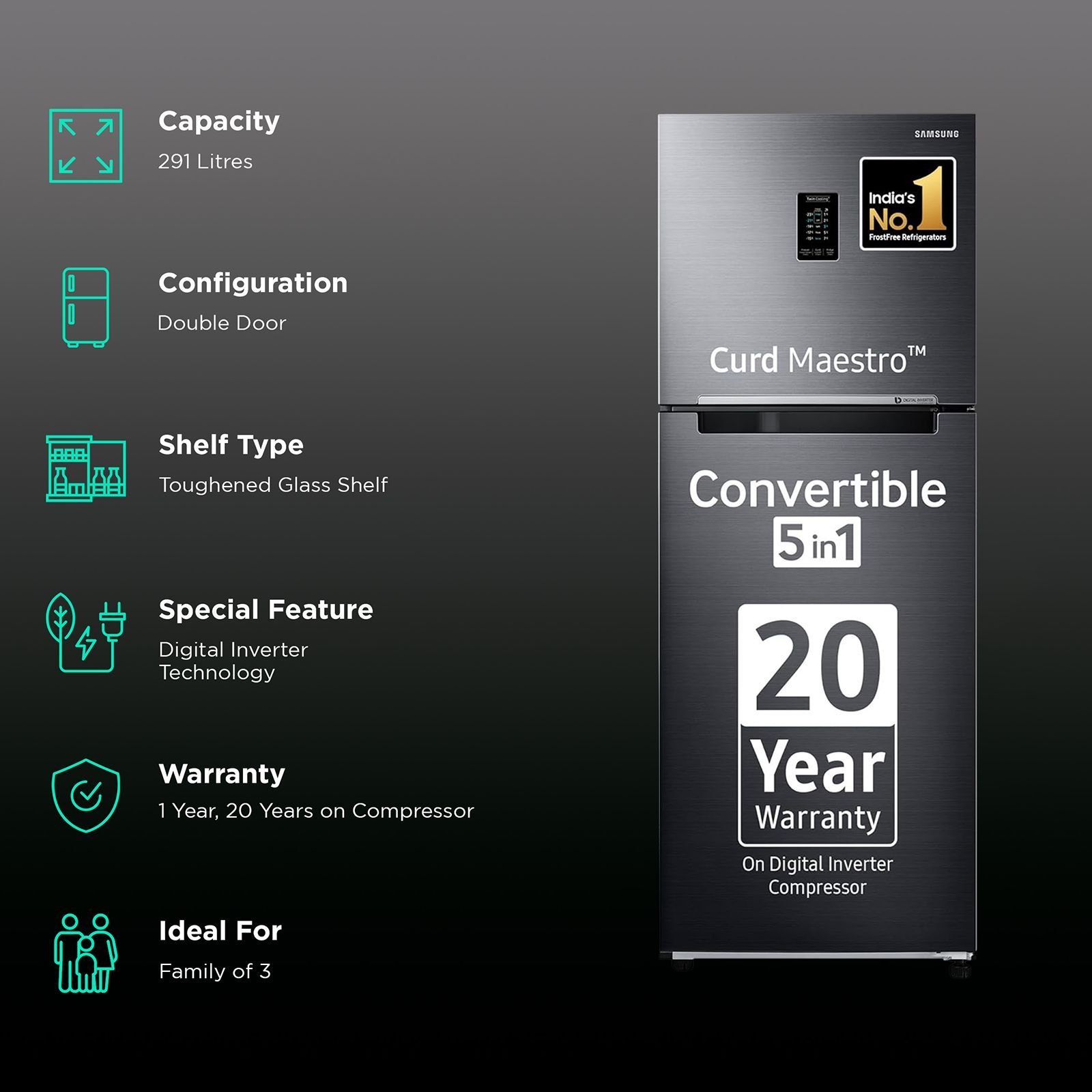 SAMSUNG 291 Litres 2 Star Frost Free Double Door Convertible Refrigerator with Curd Maestro (RT34C4622BX/HL, Luxe black)_2