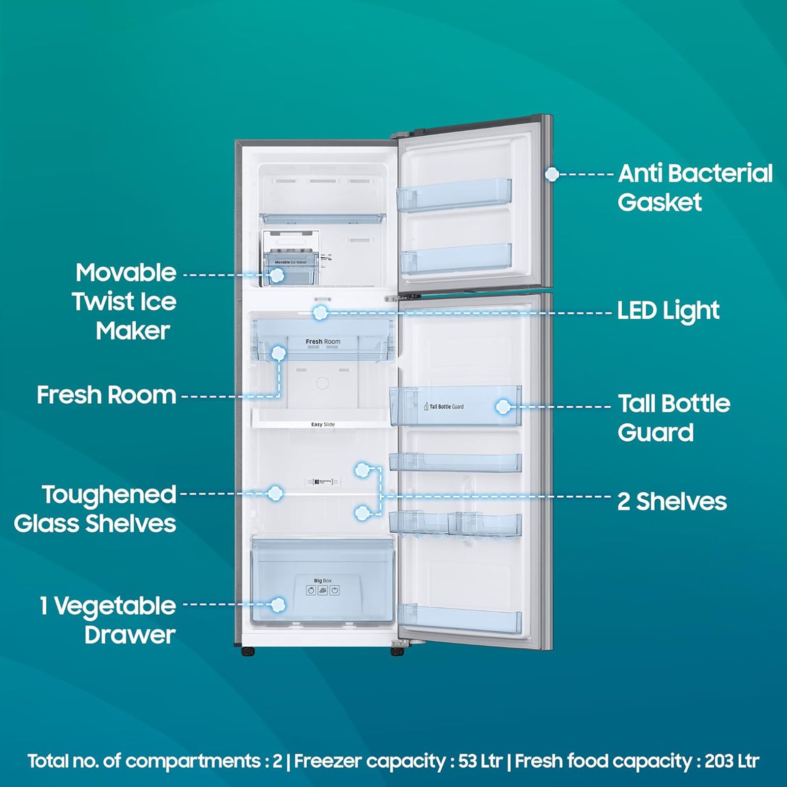SAMSUNG 256 Litres 2 Star Frost Free Double Door Refrigerator with Toughened Glass Shelves (RT30C3442S9/HL, Refined Inox) SAMSUNG 256 Litres 2 Star Frost Free Double Door Refrigerator with Toughened Glass Shelves (RT30C3442S9/HL, Refined Inox)_15