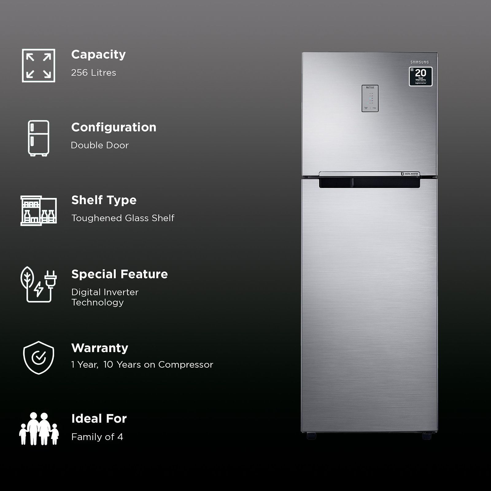 SAMSUNG 256 Litres 2 Star Frost Free Double Door Refrigerator with Toughened Glass Shelves (RT30C3442S9/HL, Refined Inox)_2
