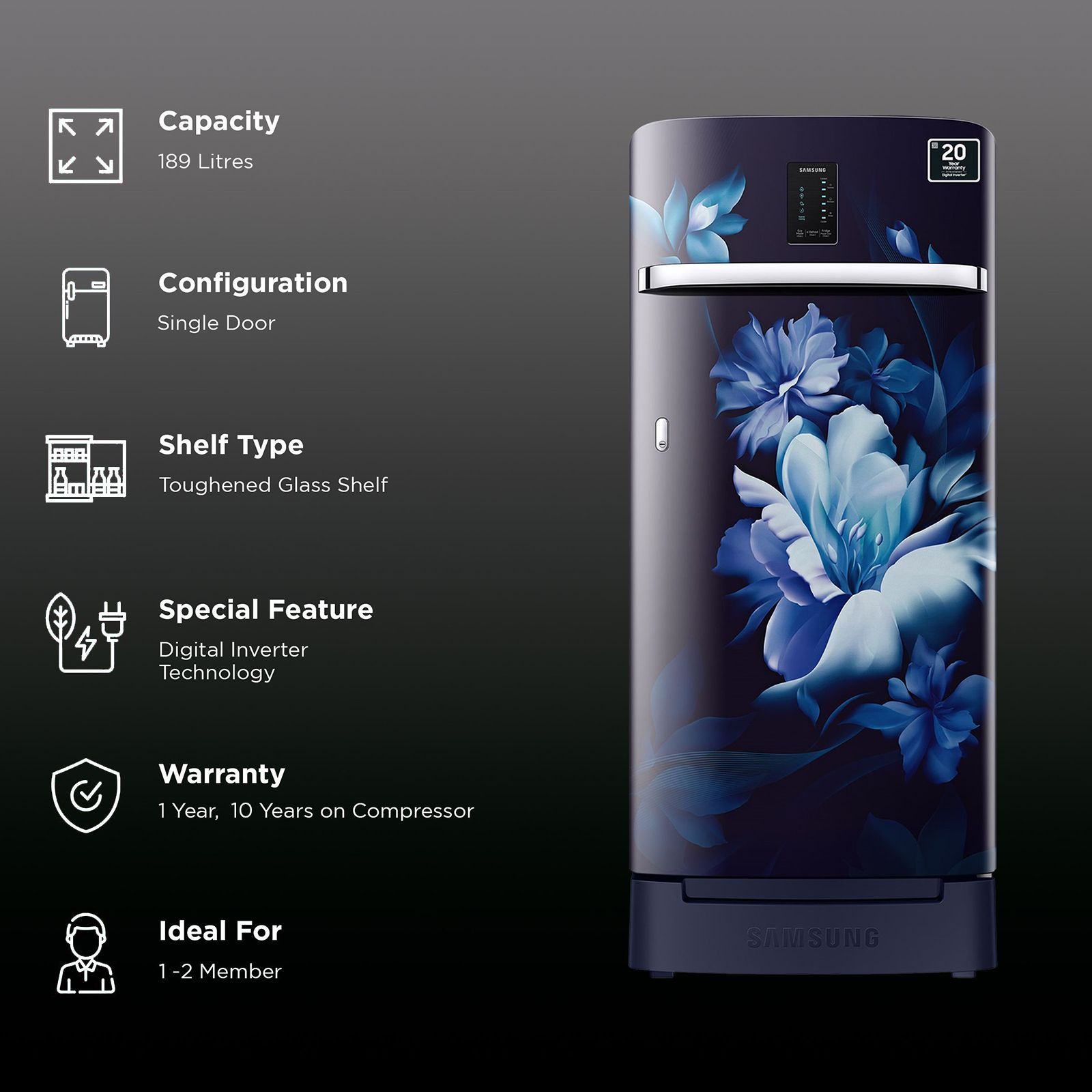 SAMSUNG 189 Litres 4 Star Direct Cool Single Door Refrigerator with Digi-Touch Cool (RR21C2F24UZ/HL, Midnight Blossom Blue)_2