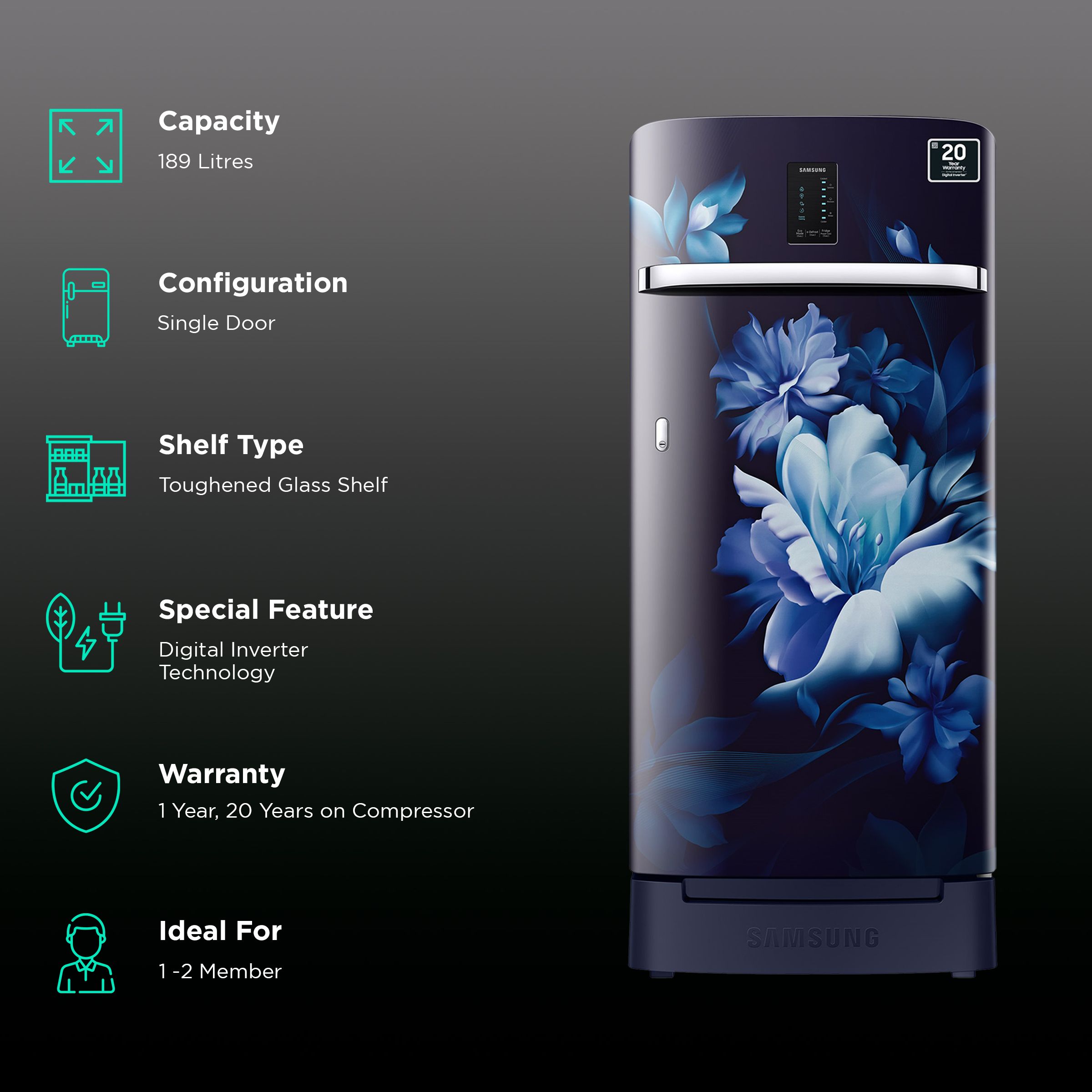 SAMSUNG 189 Litres 4 Star Direct Cool Single Door Refrigerator with Digi-Touch Cool (RR21C2F24UZ/HL, Midnight Blossom Blue) SAMSUNG 189 Litres 4 Star Direct Cool Single Door Refrigerator with Digi-Touch Cool (RR21C2F24UZ/HL, Midnight Blossom Blue)_2