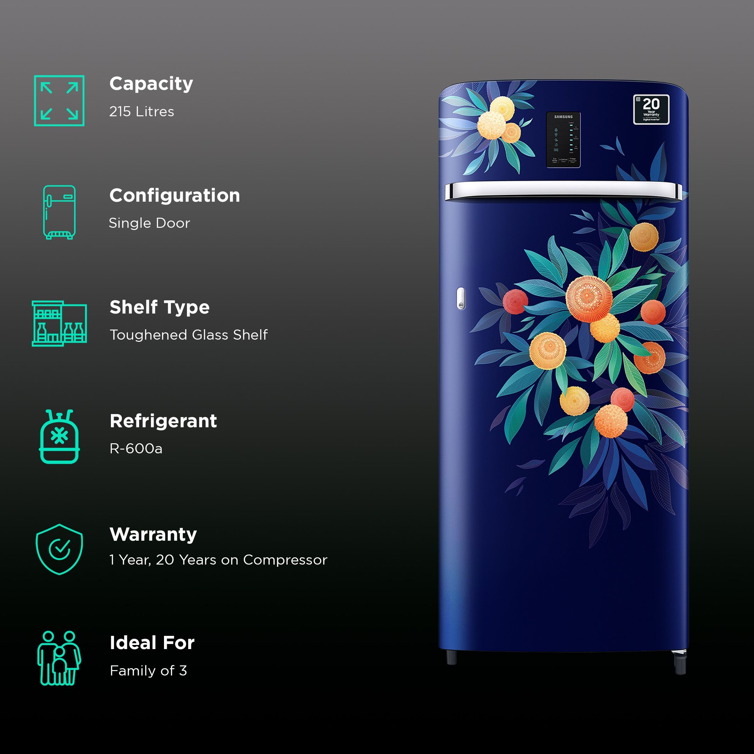 SAMSUNG 215 Litres 5 Star Direct Cool Single Door Refrigerator with Digi-Touch Cool (RR23C2E35NK/HL, Orange Blossom Blue)_2