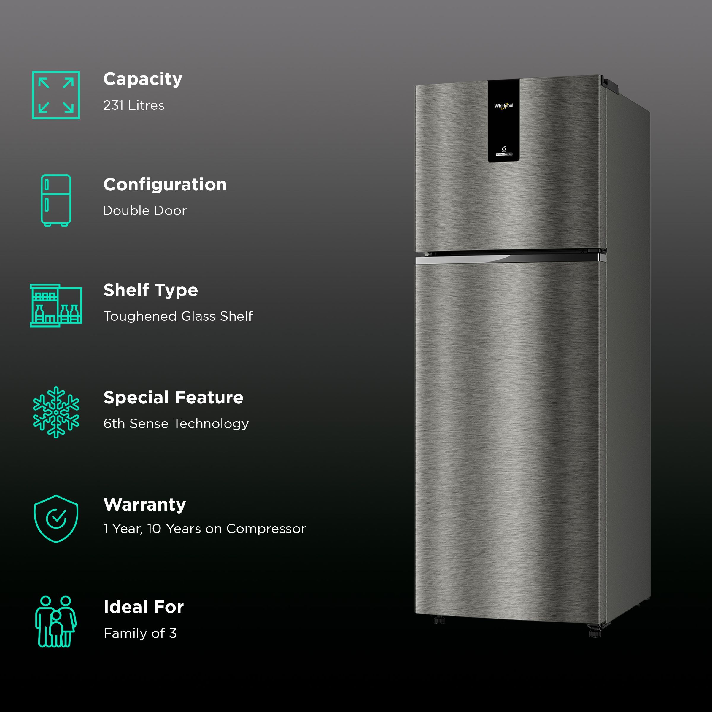 Whirlpool Intellifresh DF278 231 Litres 2 Star Frost Free Double Door Refrigerator with 6th Sense Technology (Grey)_2