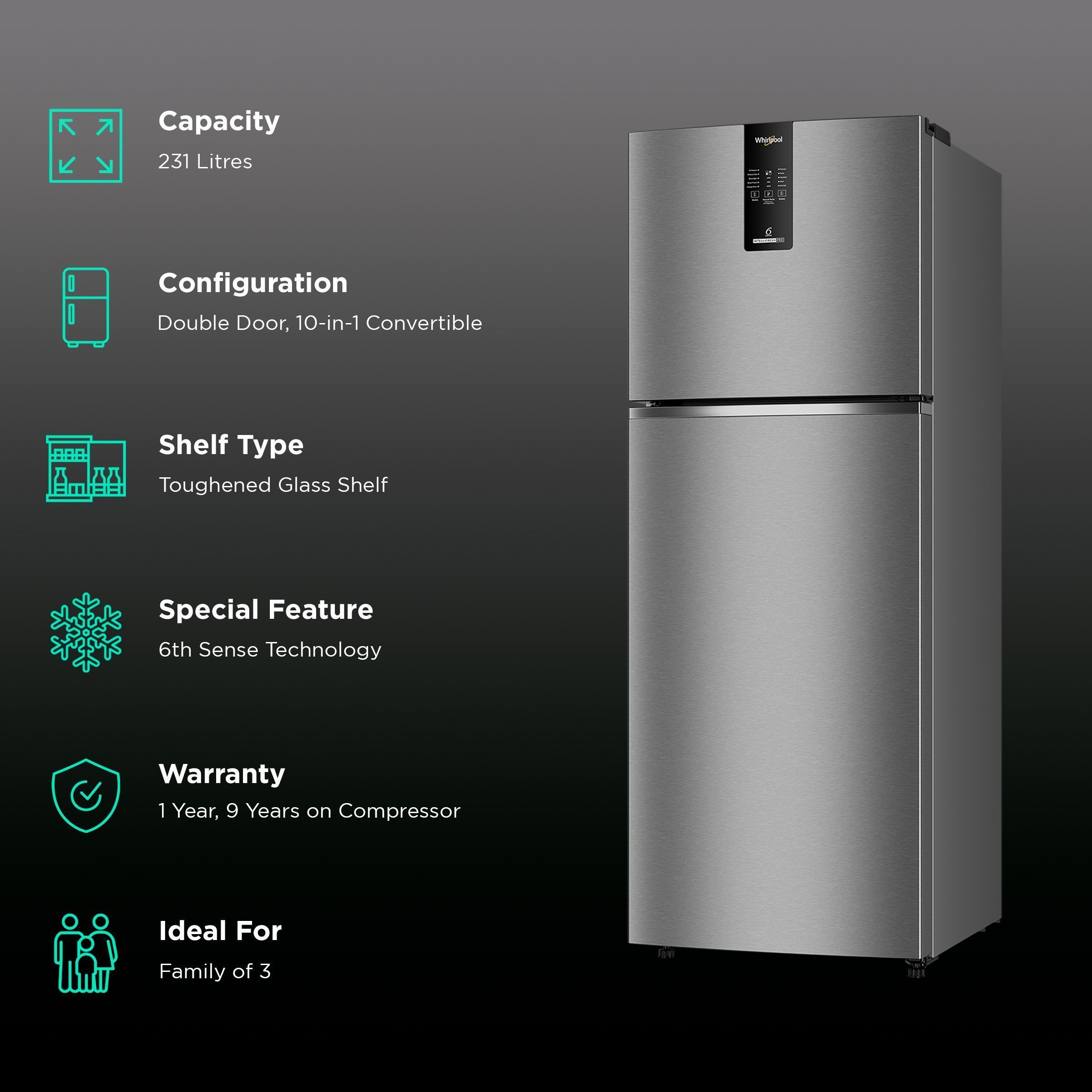 Whirlpool Intellifresh Pro 278 235 Litres 2 Star Frost Free Double Door Convertible Refrigerator with 6th Sense Technology (Grey)_2