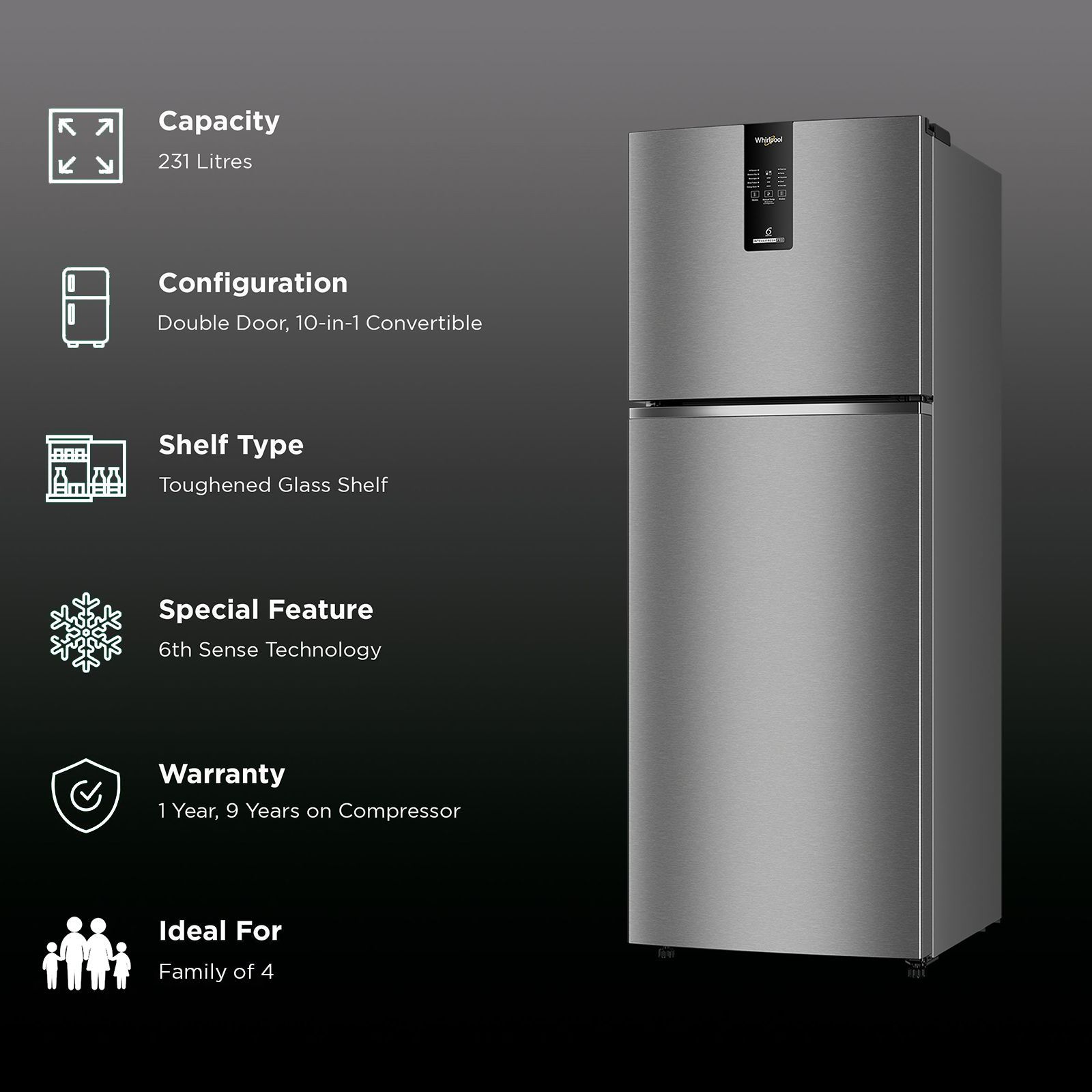 Whirlpool Intellifresh Pro 278 235 Litres 2 Star Frost Free Double Door Convertible Refrigerator with 6th Sense Technology (Grey)_2