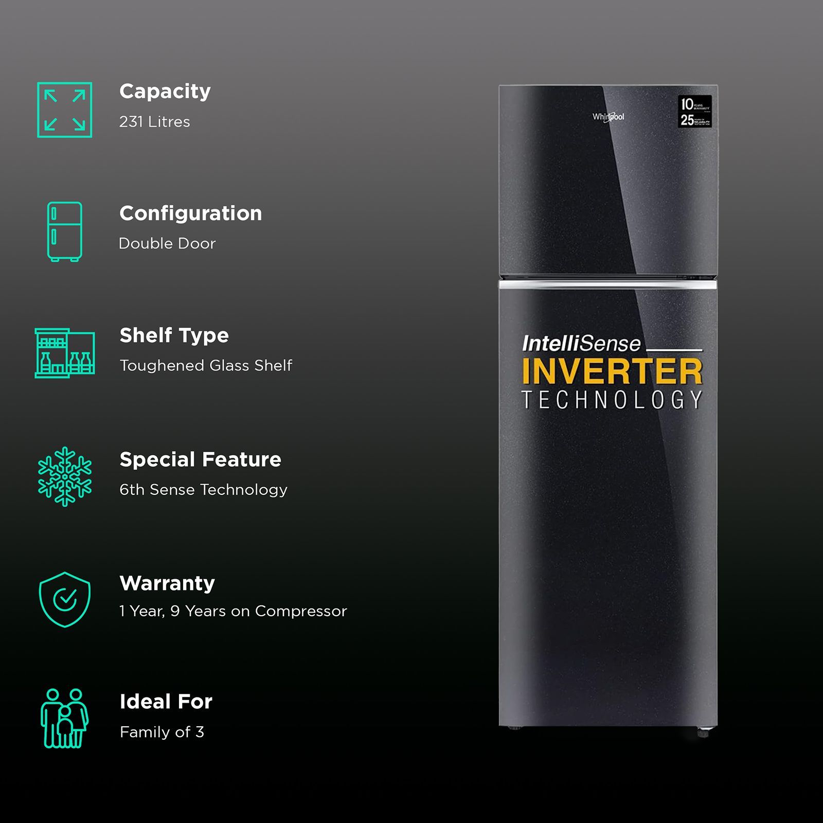 Whirlpool Intellifresh 278GD 231 Litres 2 Star Frost Free Double Door Refrigerator with 6th Sense Technology (Black) Whirlpool Intellifresh 278GD 231 Litres 2 Star Frost Free Double Door Refrigerator with 6th Sense Technology (Black)_2