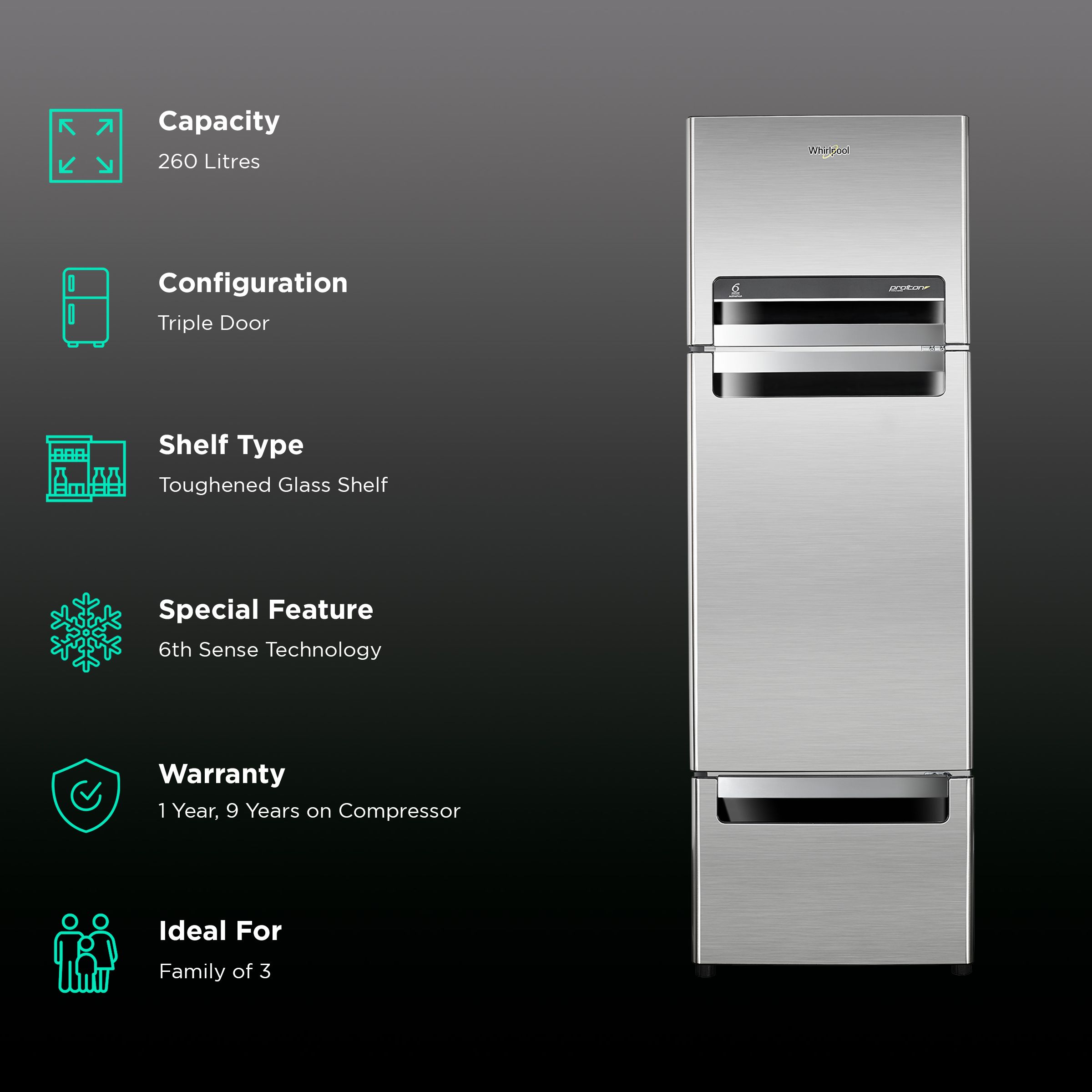 Whirlpool Protton Roy 263D 260 Litres Frost Free Double Door Refrigerator with 6th Sense Technology (Grey)_2