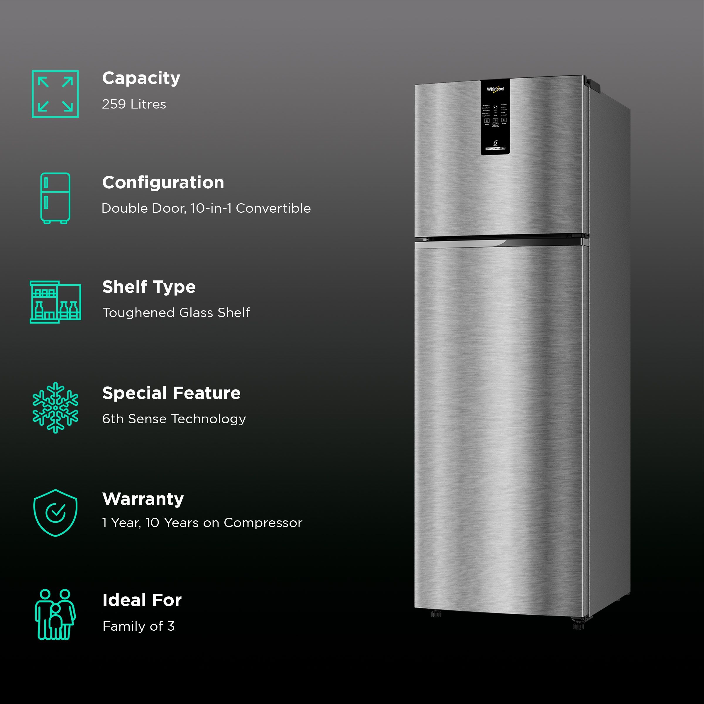 Whirlpool Intellifresh Pro 259 Litres 2 Star Frost Free Double Door Convertible Refrigerator with 6th Sense Technology (Grey)_2