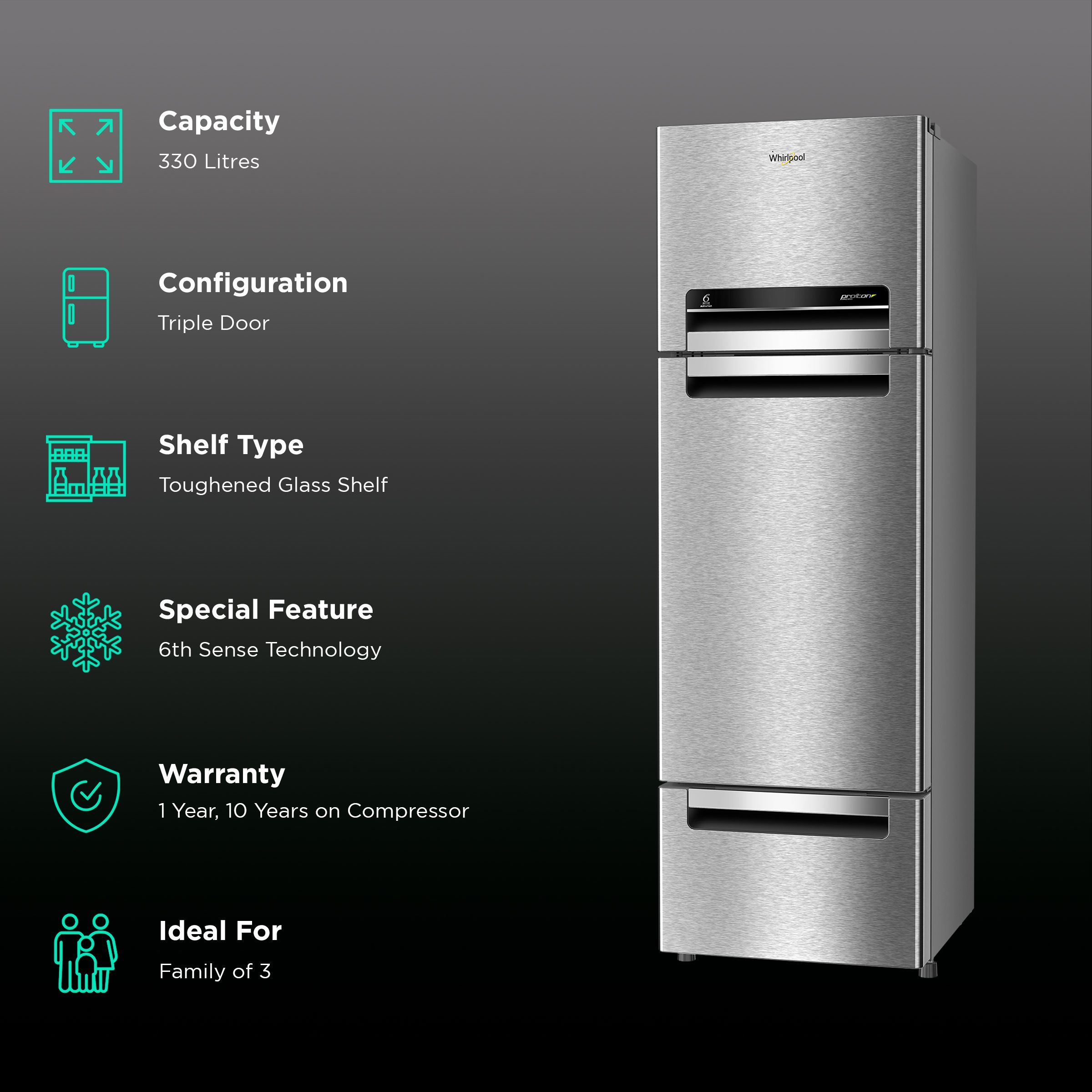 Whirlpool Protton 330 Litres Frost Free Double Door Refrigerator with 6th Sense Technology (Grey)_2