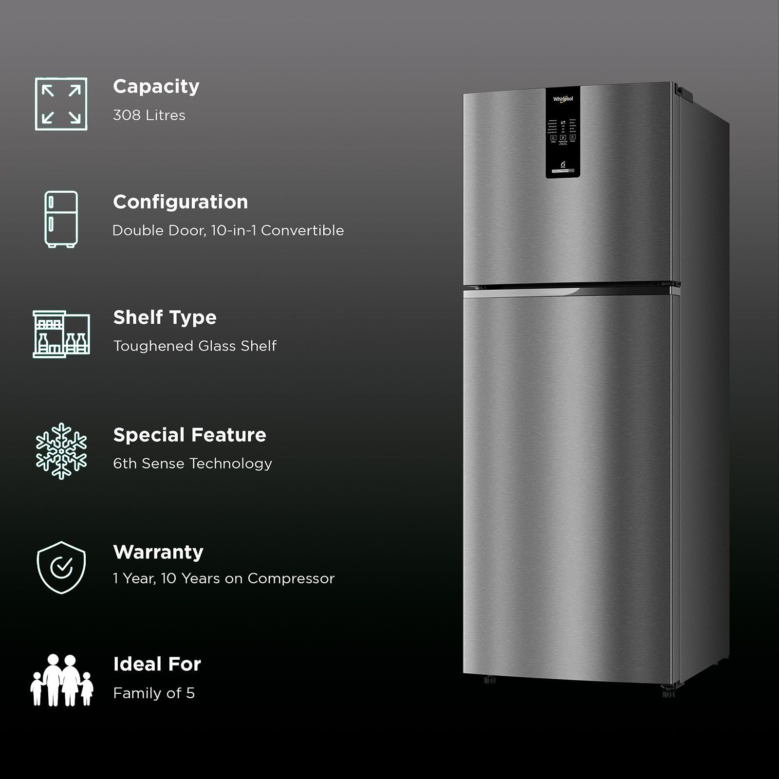 Whirlpool Intellifresh Pro 308 Litres 2 Star Frost Free Double Door Convertible Refrigerator with 6th Sense Technology (Grey)_2