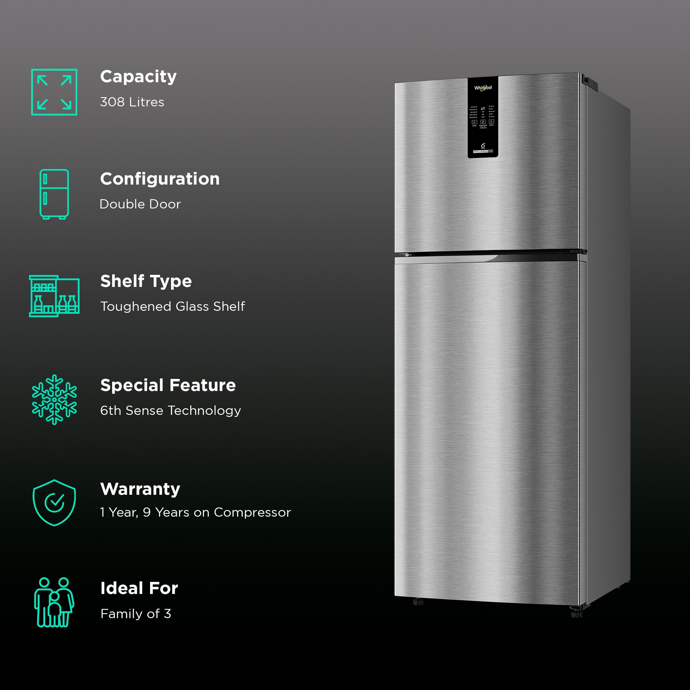 Whirlpool Intellifresh Pro 355 308 Litres 3 Star Frost Free Double Door Convertible Refrigerator with 6th Sense Technology (Grey)_2