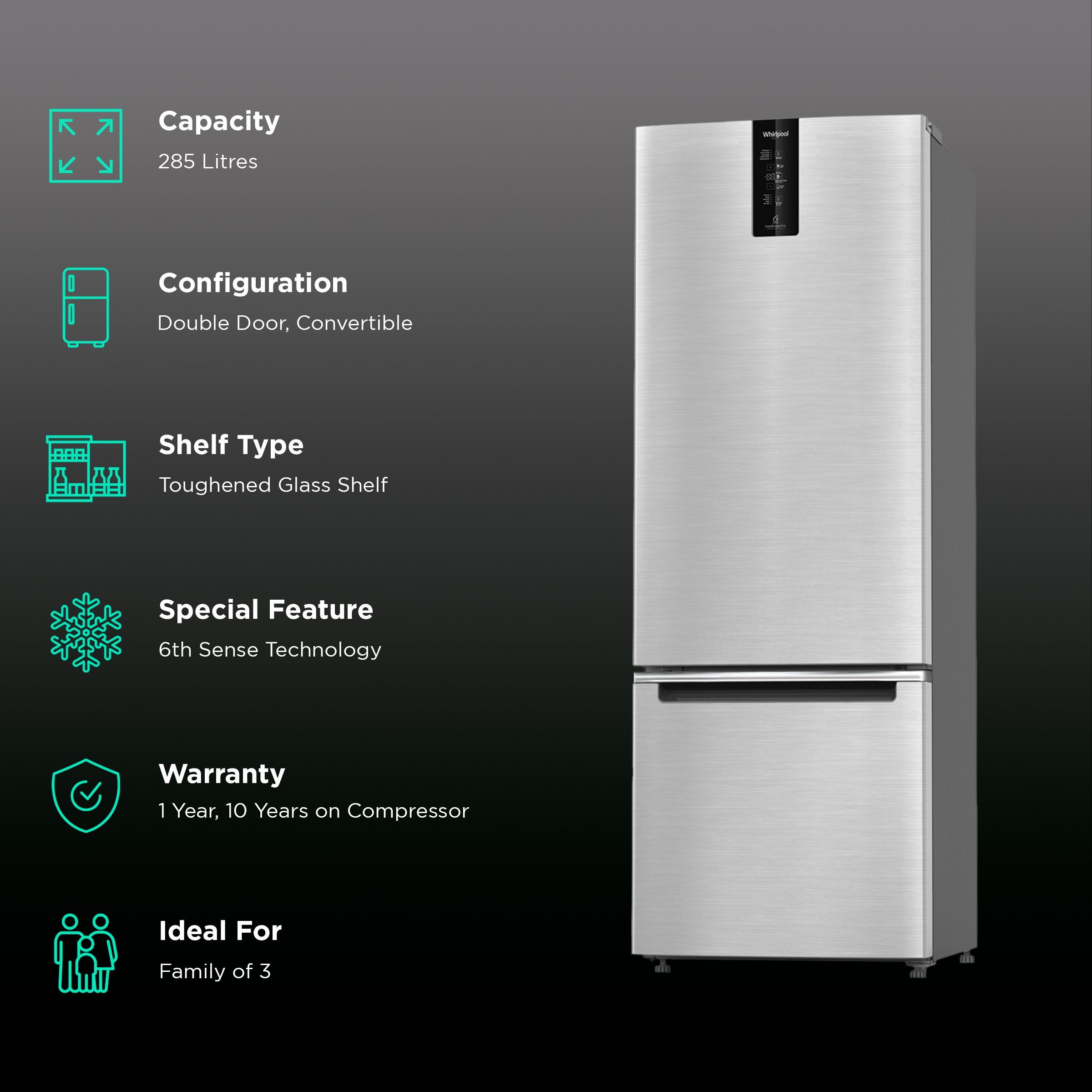 Whirlpool Intellifresh Pro 285 Litres 2 Star Frost Free Double Door Bottom Mount Convertible Refrigerator with 6th Sense Technology (IFPRO BM INV CNV 3, Grey)_2