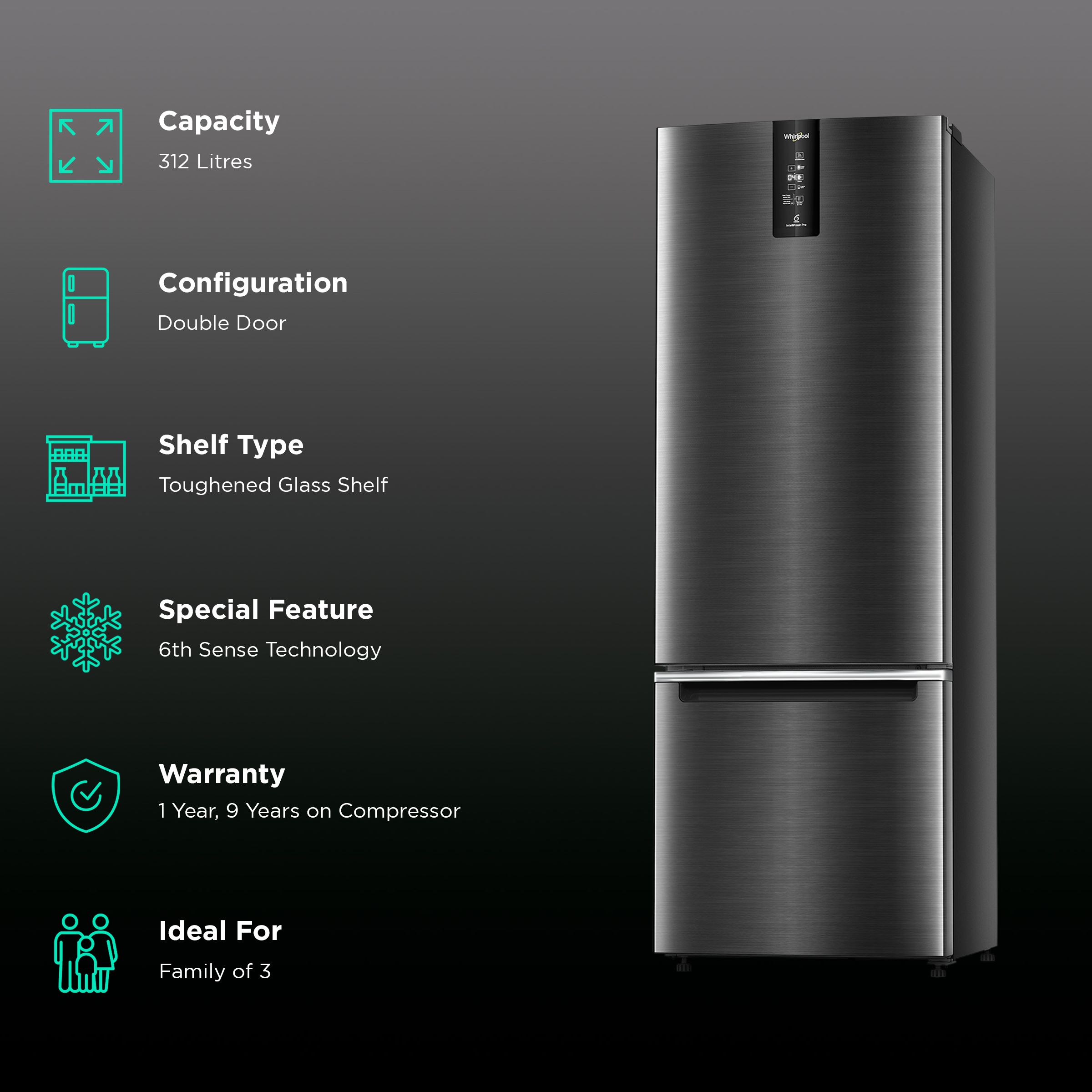 Whirlpool Intellifresh Pro 370 312 Litres 3 Star Frost Free Double Door Bottom Mount Convertible Refrigerator with 6th Sense Technology (Steel Onyx)_2