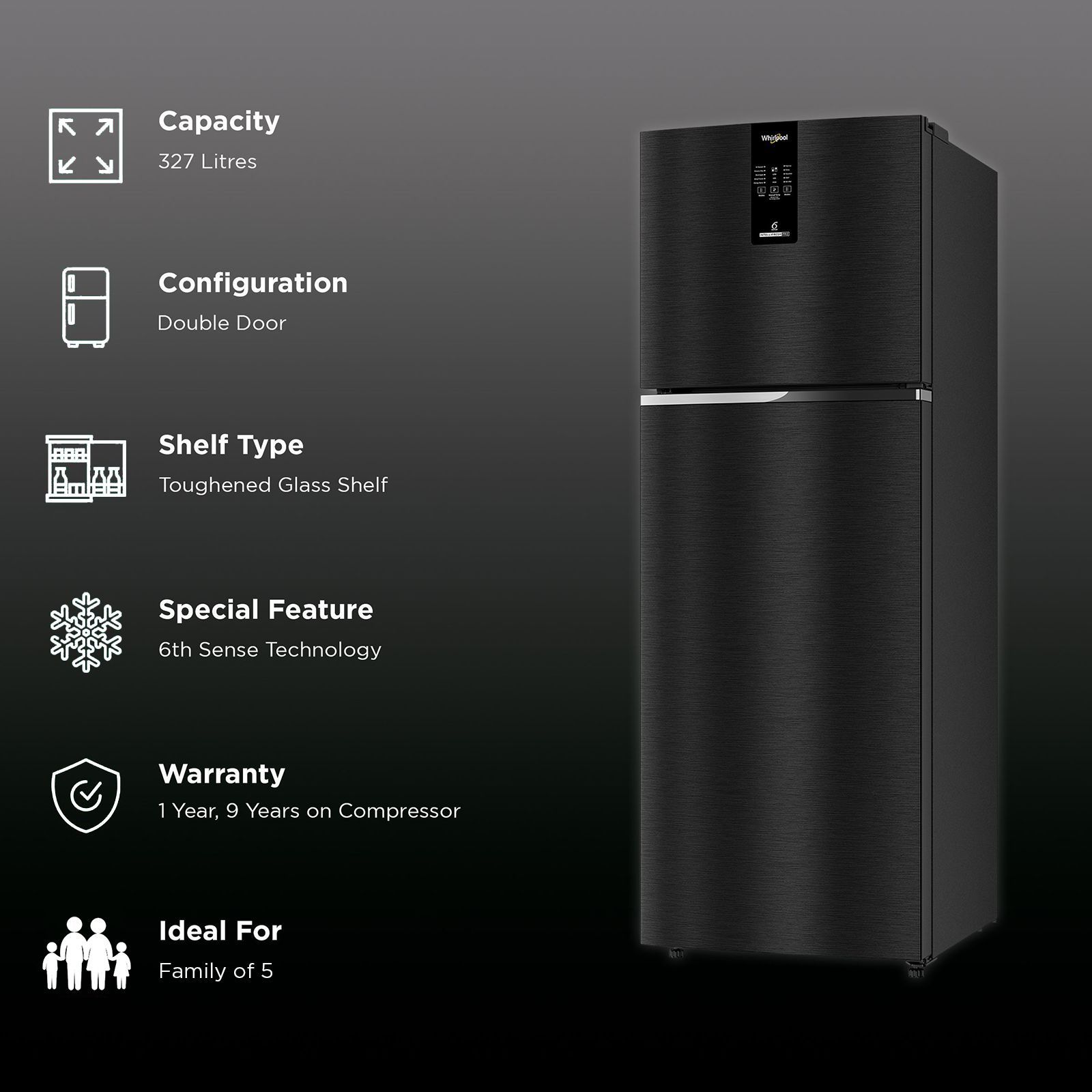 Whirlpool Intellifresh Pro 375 327 Litres 2 Star Frost Free Double Door Convertible Refrigerator with 6th Sense Technology (Grey)_2