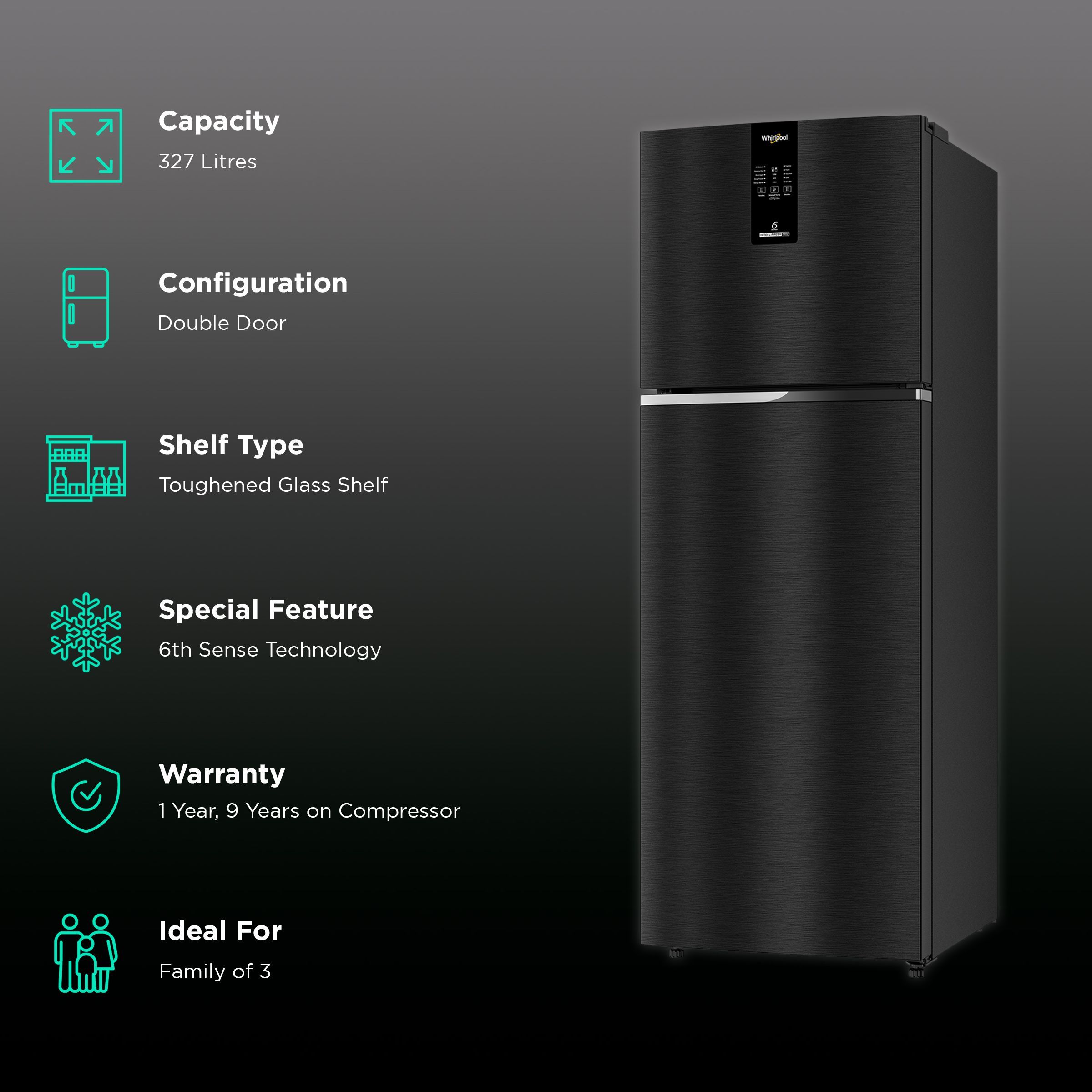 Whirlpool Intellifresh Pro 375 327 Litres 2 Star Frost Free Double Door Convertible Refrigerator with 6th Sense Technology (Grey)_2