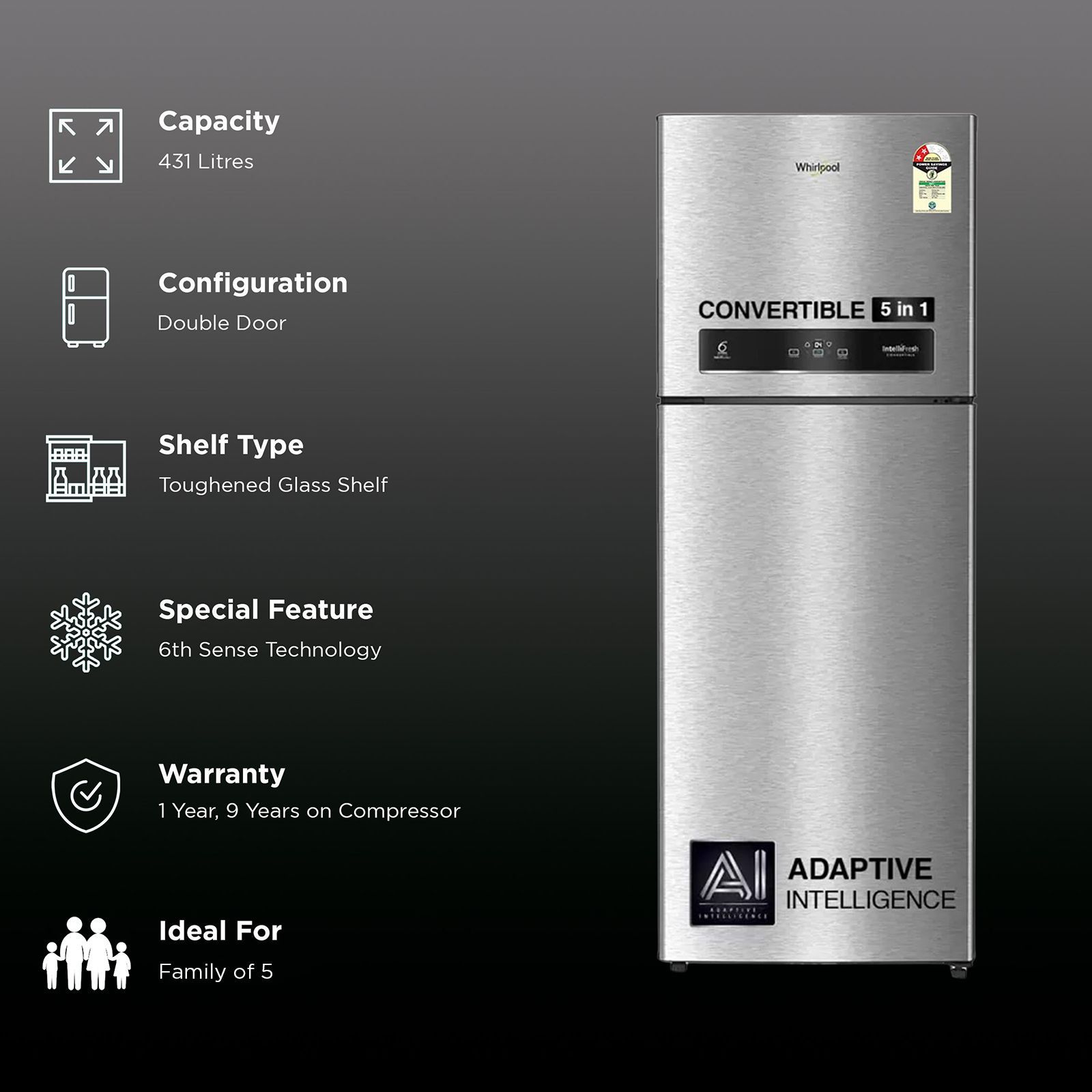 Whirlpool Intellifresh 480 431 Litres 2 Star Frost Free Double Door Convertible Refrigerator with 6th Sense Technology (Grey)_2