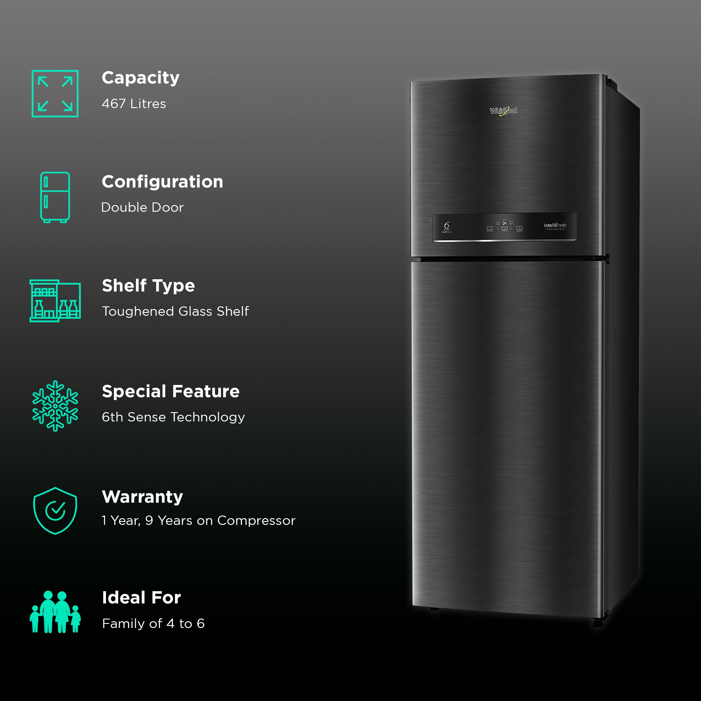 Whirlpool Intellifresh 515 467 Litres 2 Star Frost Free Double Door Convertible Refrigerator with 6th Sense Technology (Black) Whirlpool Intellifresh 515 467 Litres 2 Star Frost Free Double Door Convertible Refrigerator with 6th Sense Technology (Black)_2
