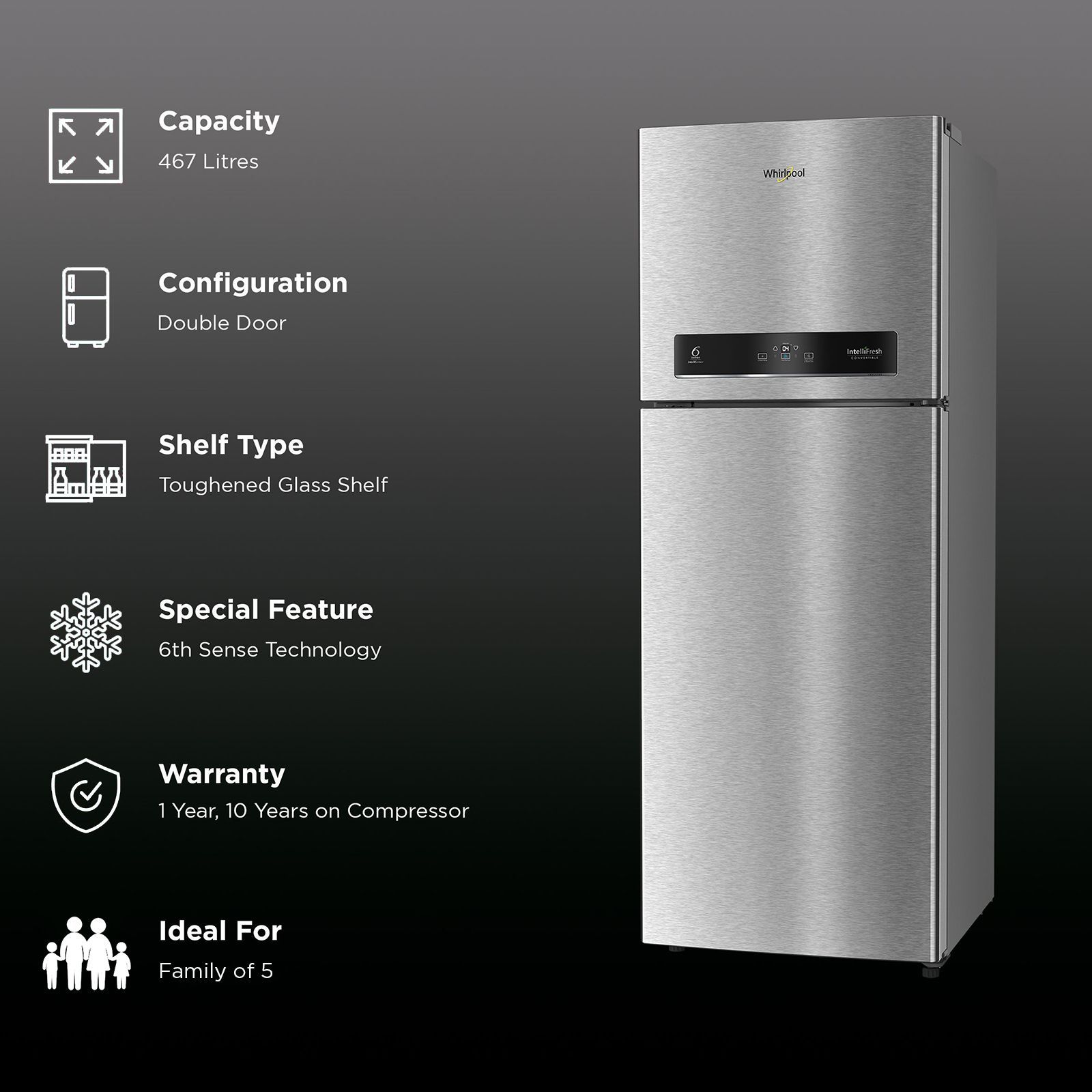 Whirlpool Intellifresh Platina 515 467 Litres 2 Star Frost Free Double Door Convertible Refrigerator with 6th Sense Technology (Grey)_2