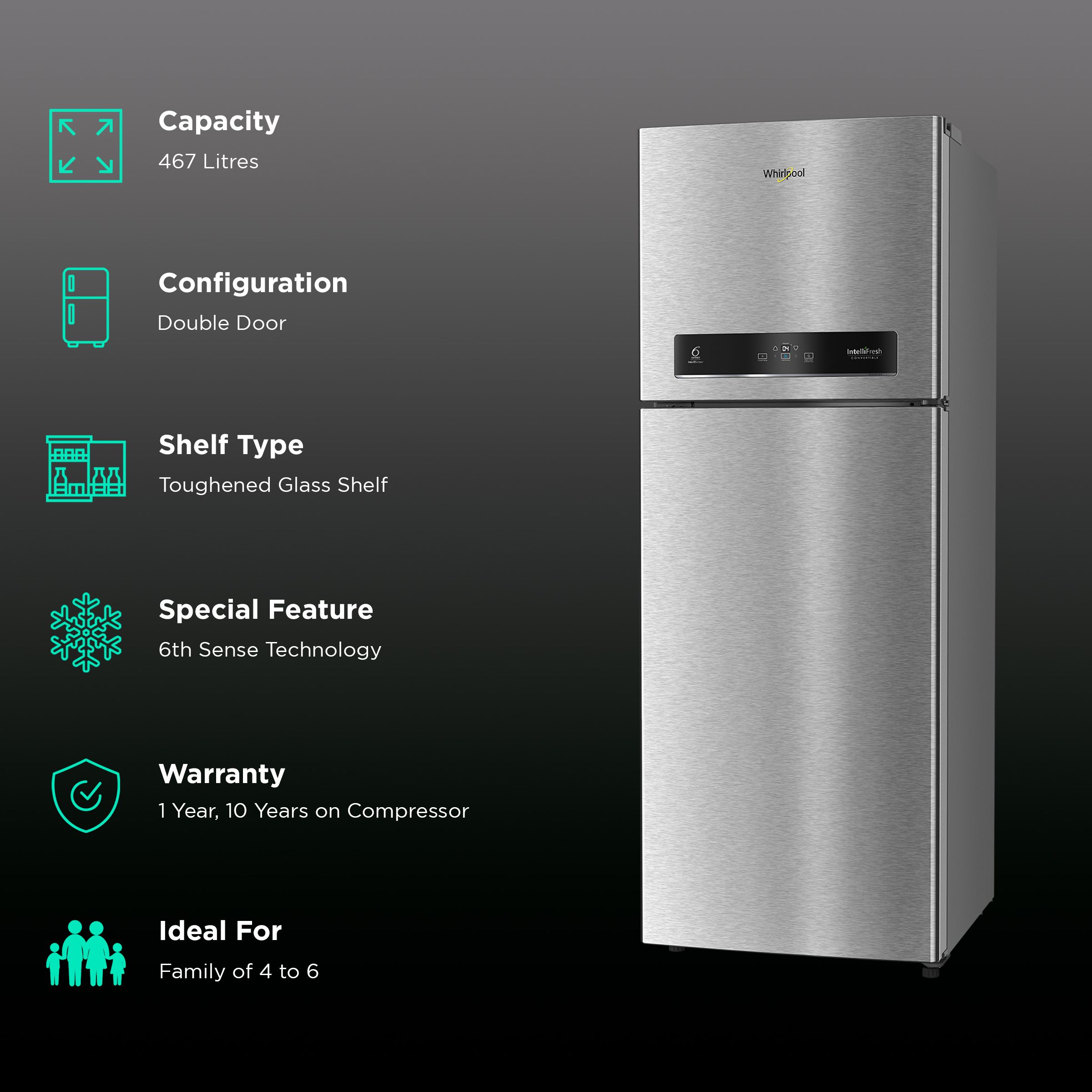 Whirlpool Intellifresh Platina 515 467 Litres 2 Star Frost Free Double Door Convertible Refrigerator with 6th Sense Technology (Grey)_2