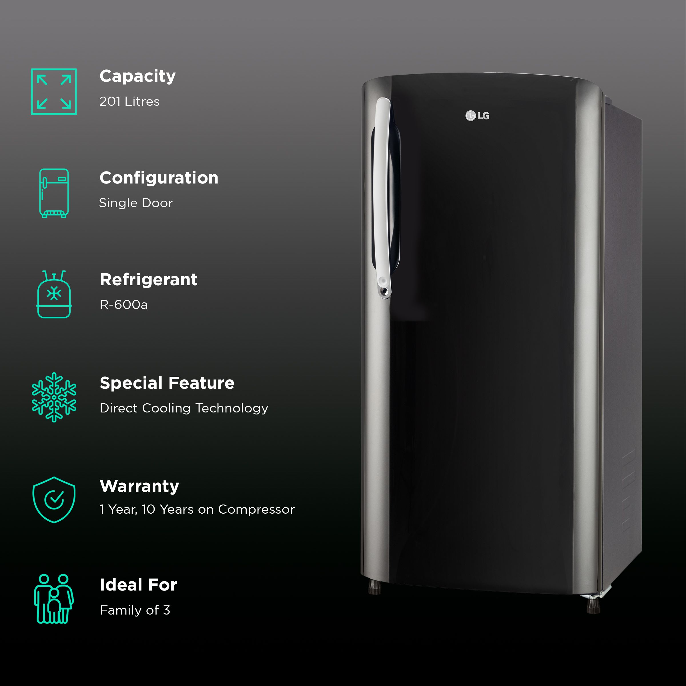 LG 201 Litres 4 Star Direct Cool Single Door Refrigerator with Smart Inverter Compressor (GL-B211HESY.AESZEB, Ebony Sheen) LG 201 Litres 4 Star Direct Cool Single Door Refrigerator with Smart Inverter Compressor (GL-B211HESY.AESZEB, Ebony Sheen)_2